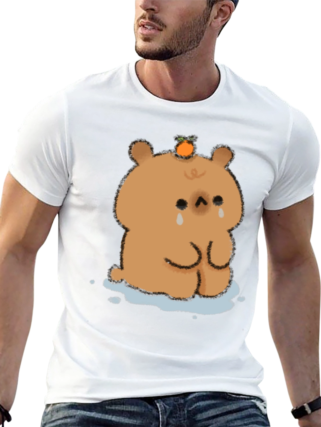 Sad Bear Orange Head Black T-Shirt
