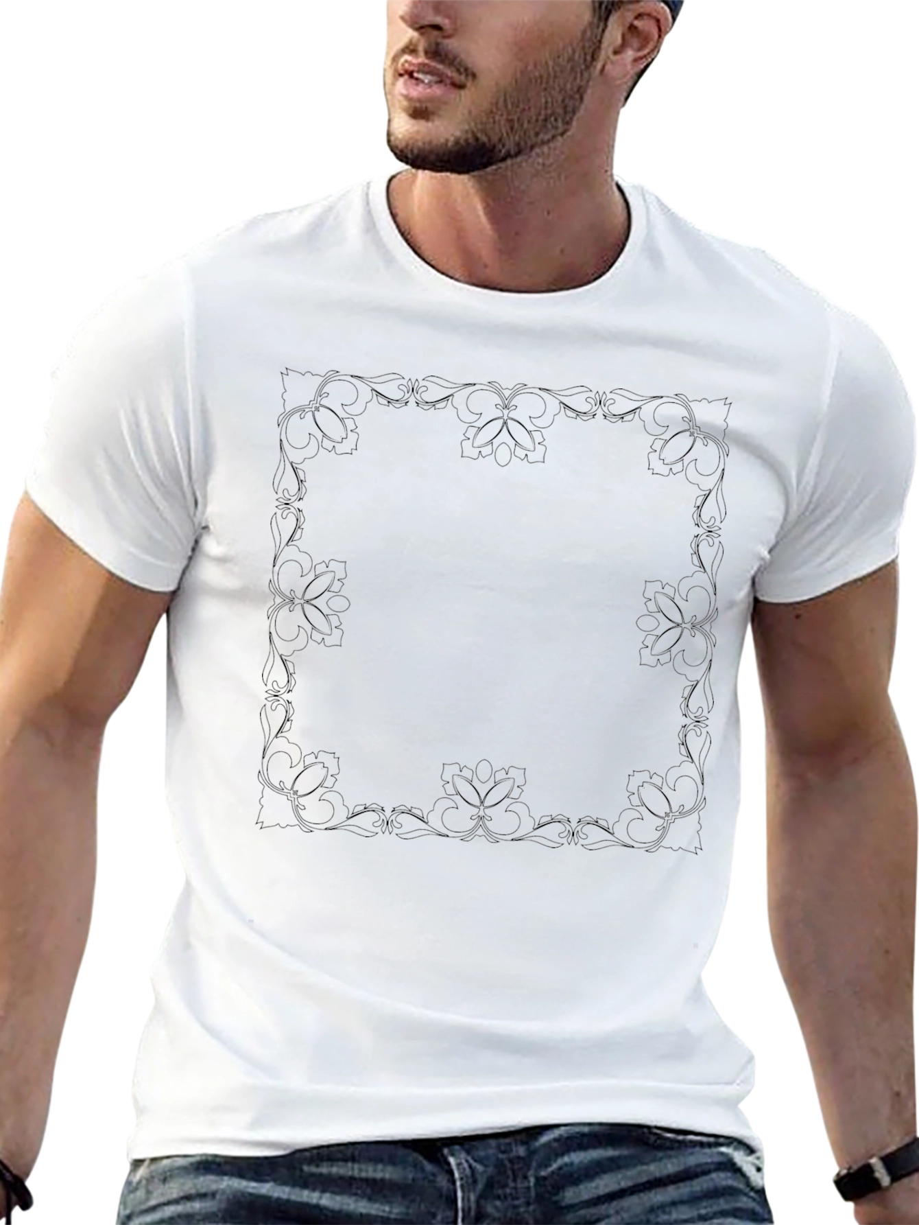 Elegant Floral Border Black T-Shirt