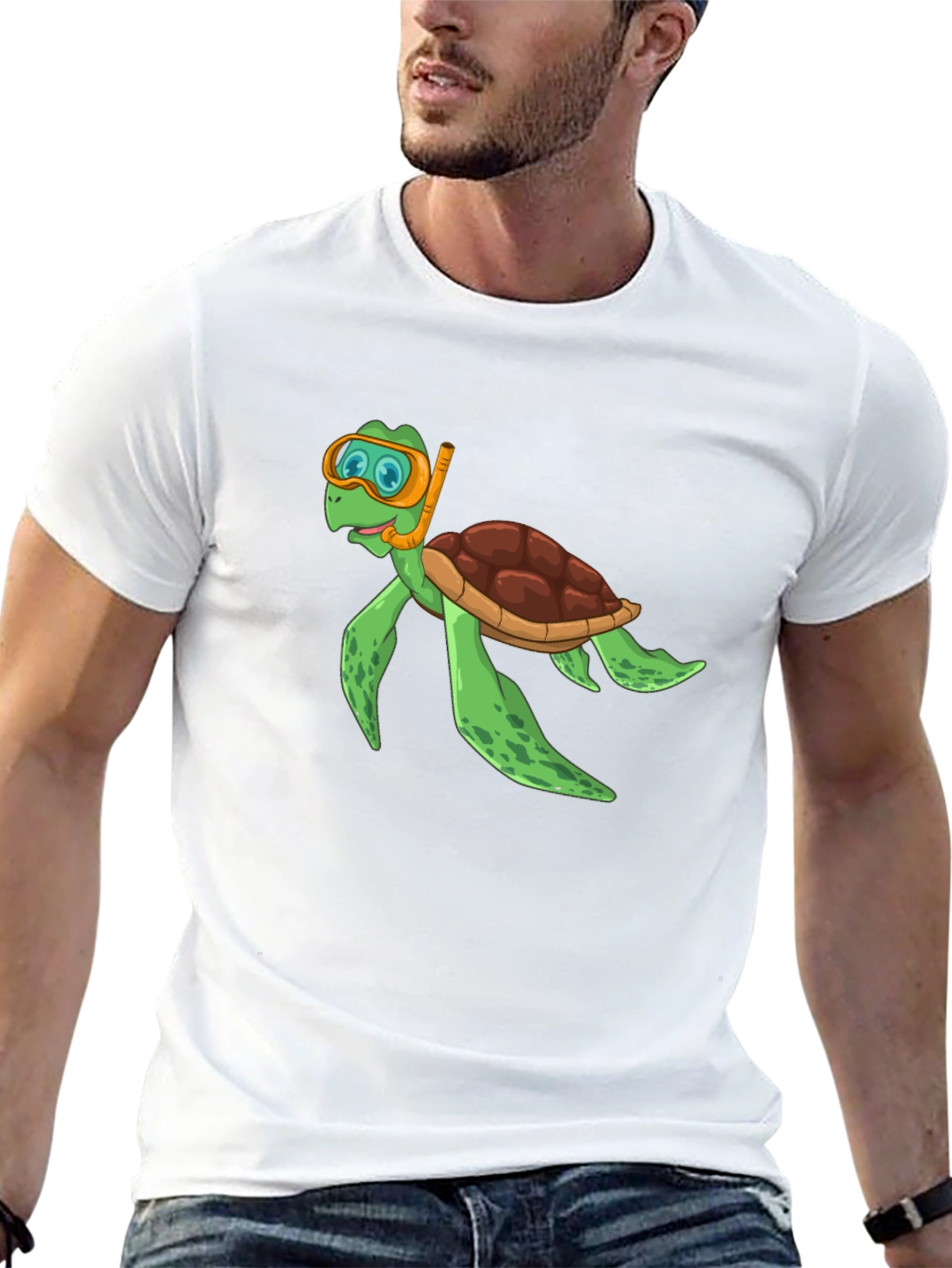 Diving Turtle Graphic Tee - Black Cotton T-Shirt