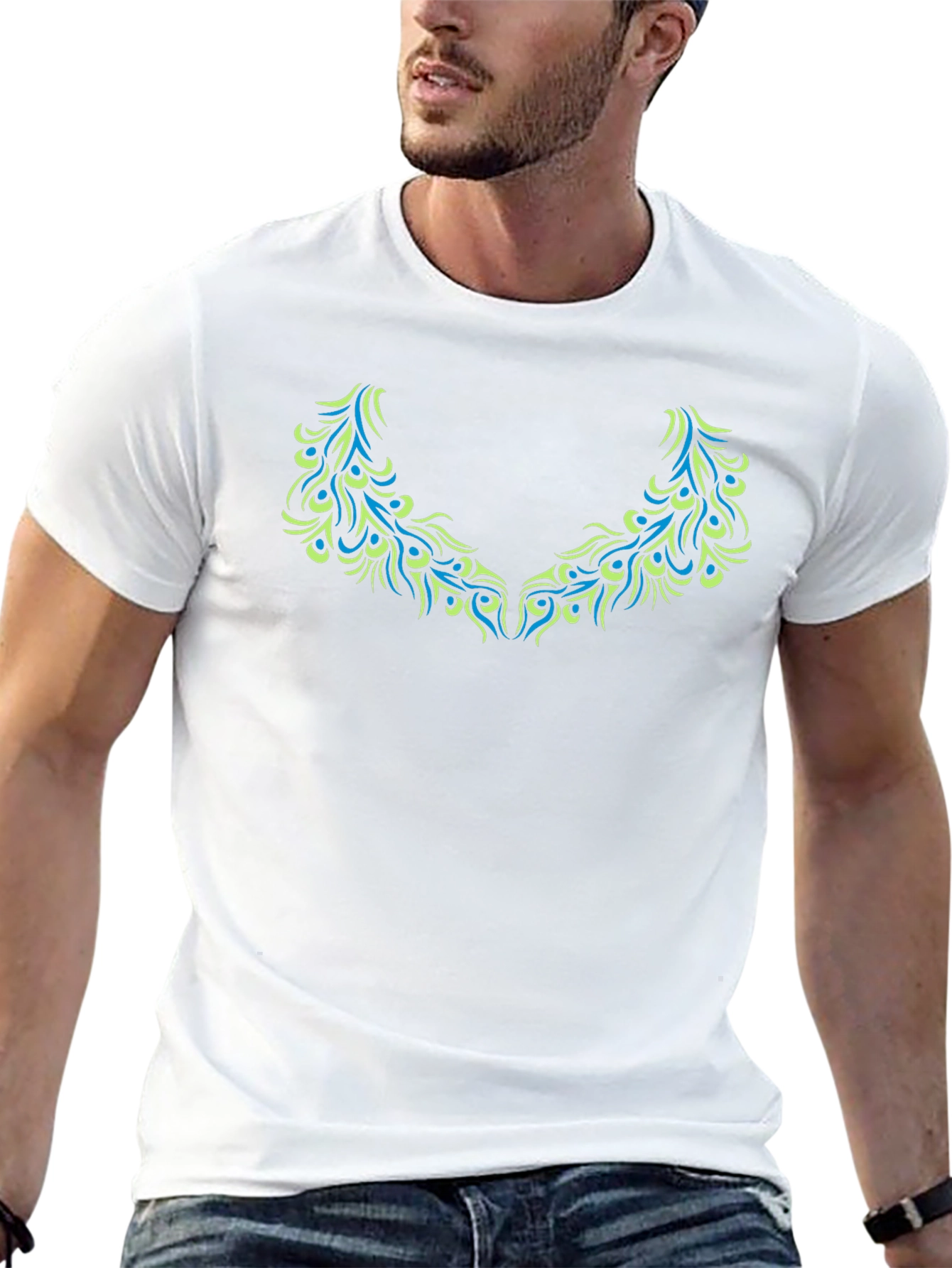 Black T-Shirt with Teal & Green Peacock Feather Design