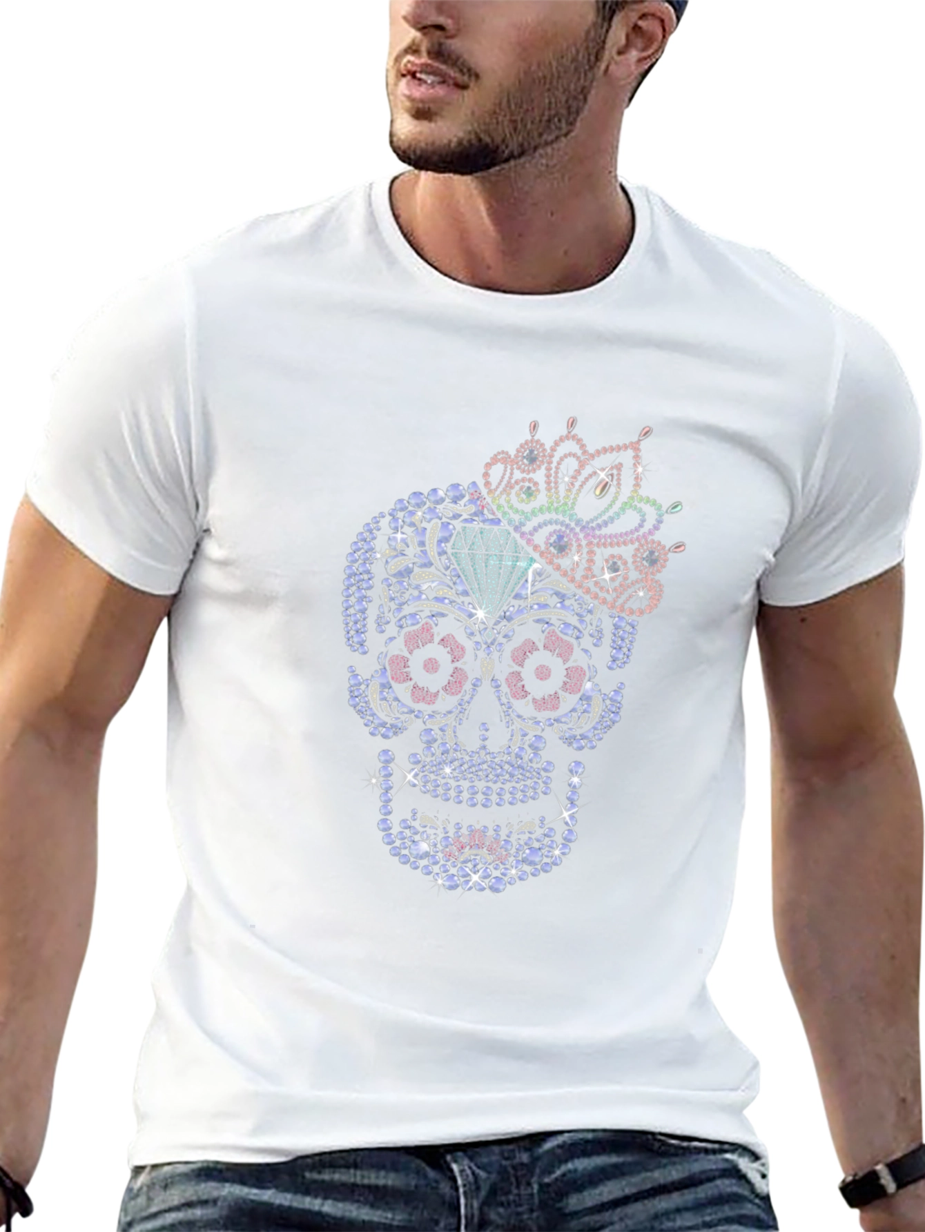 Rhinestone Sugar Skull Graphic T-Shirt - Mens