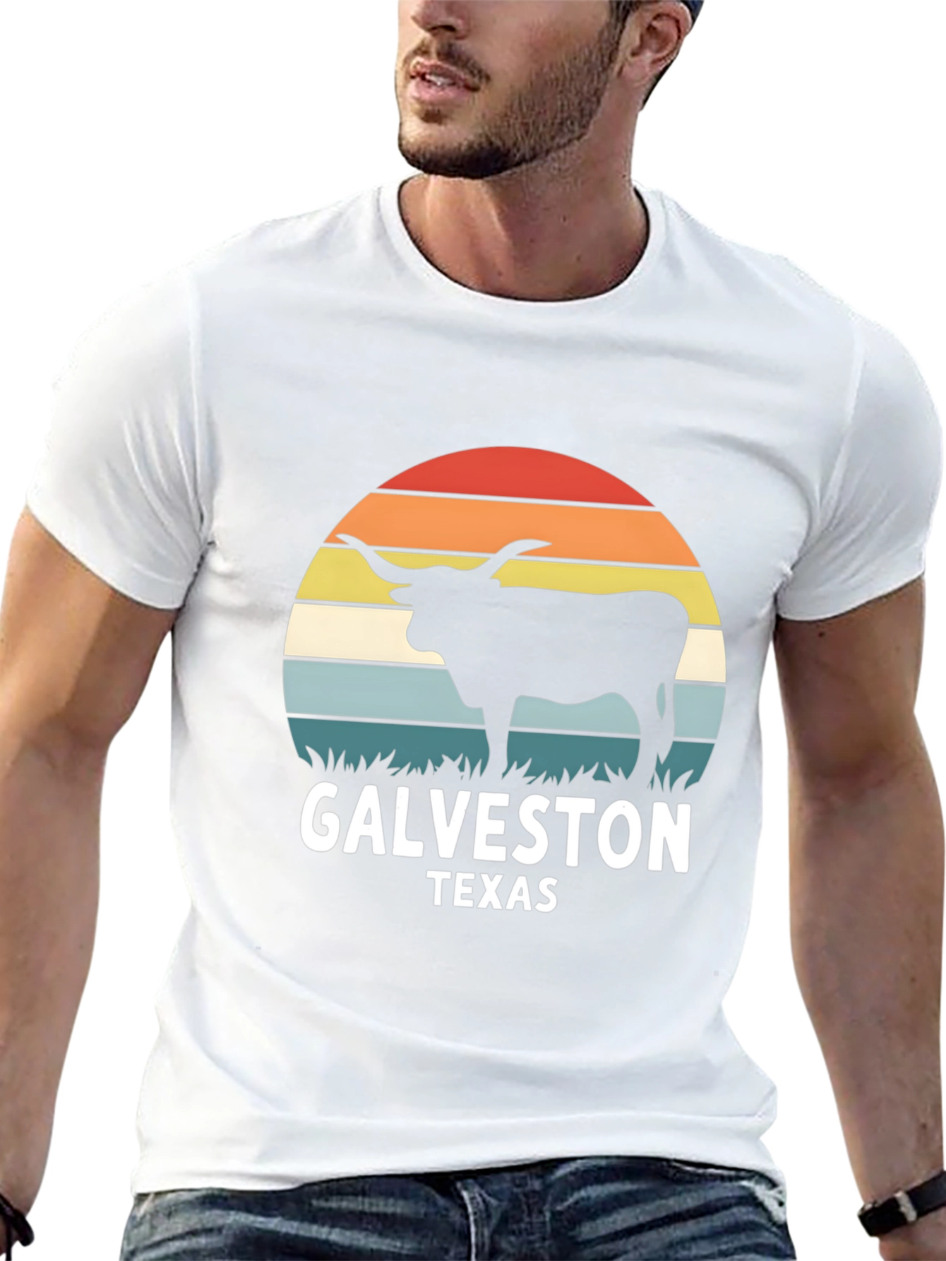 Galveston Texas Bull T-Shirt - Retro Sunset Design