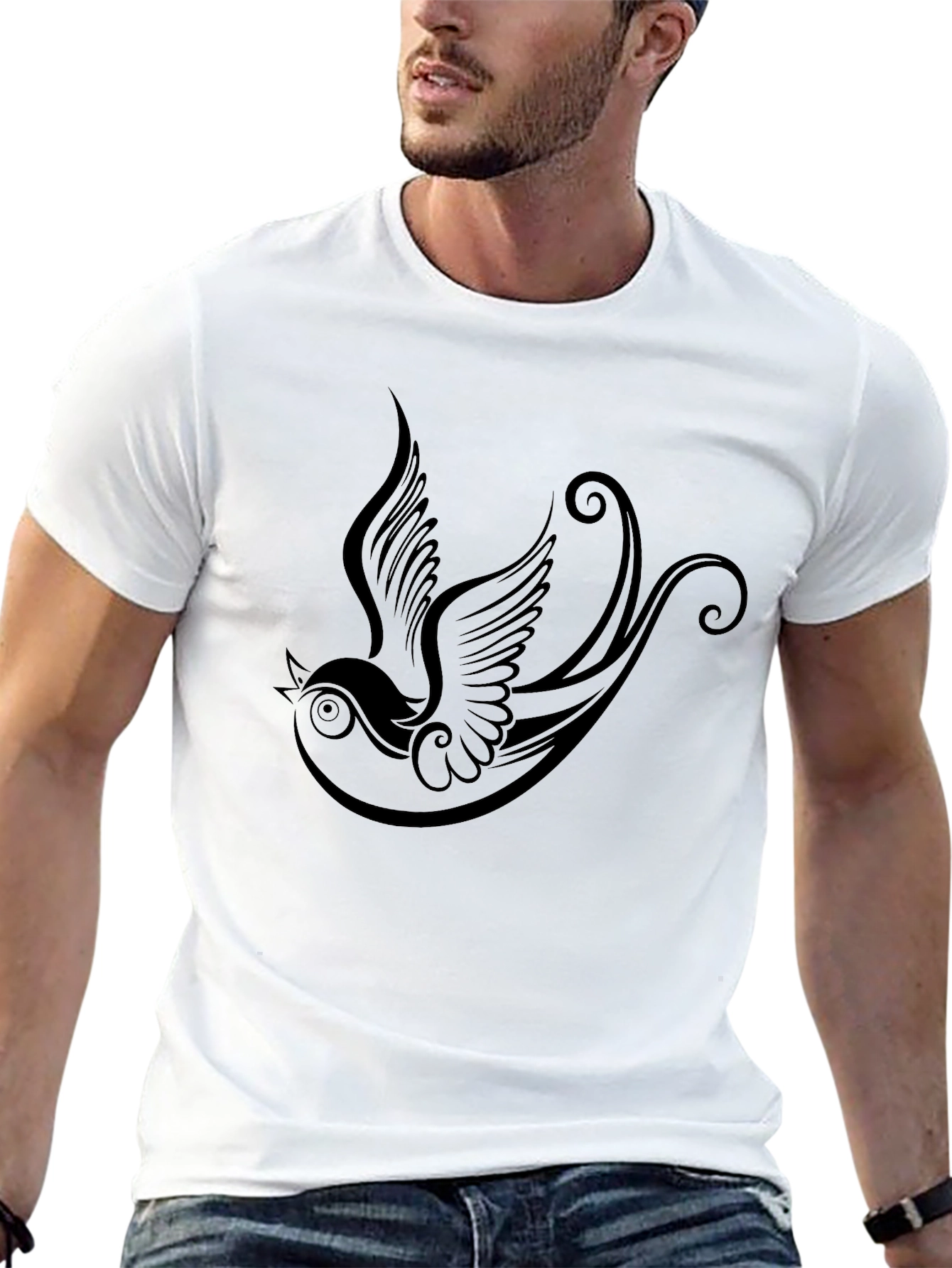 Black T-Shirt with Bird Tattoo Design