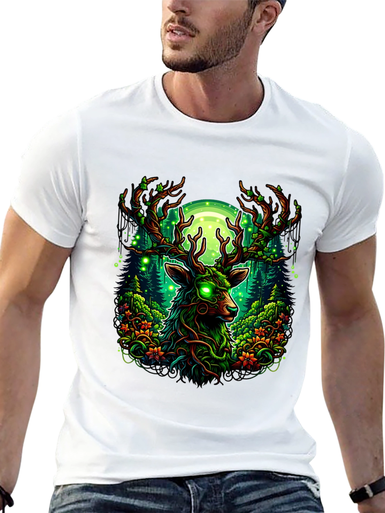Mystic Deer Forest T-Shirt - Glowing Eyes Design