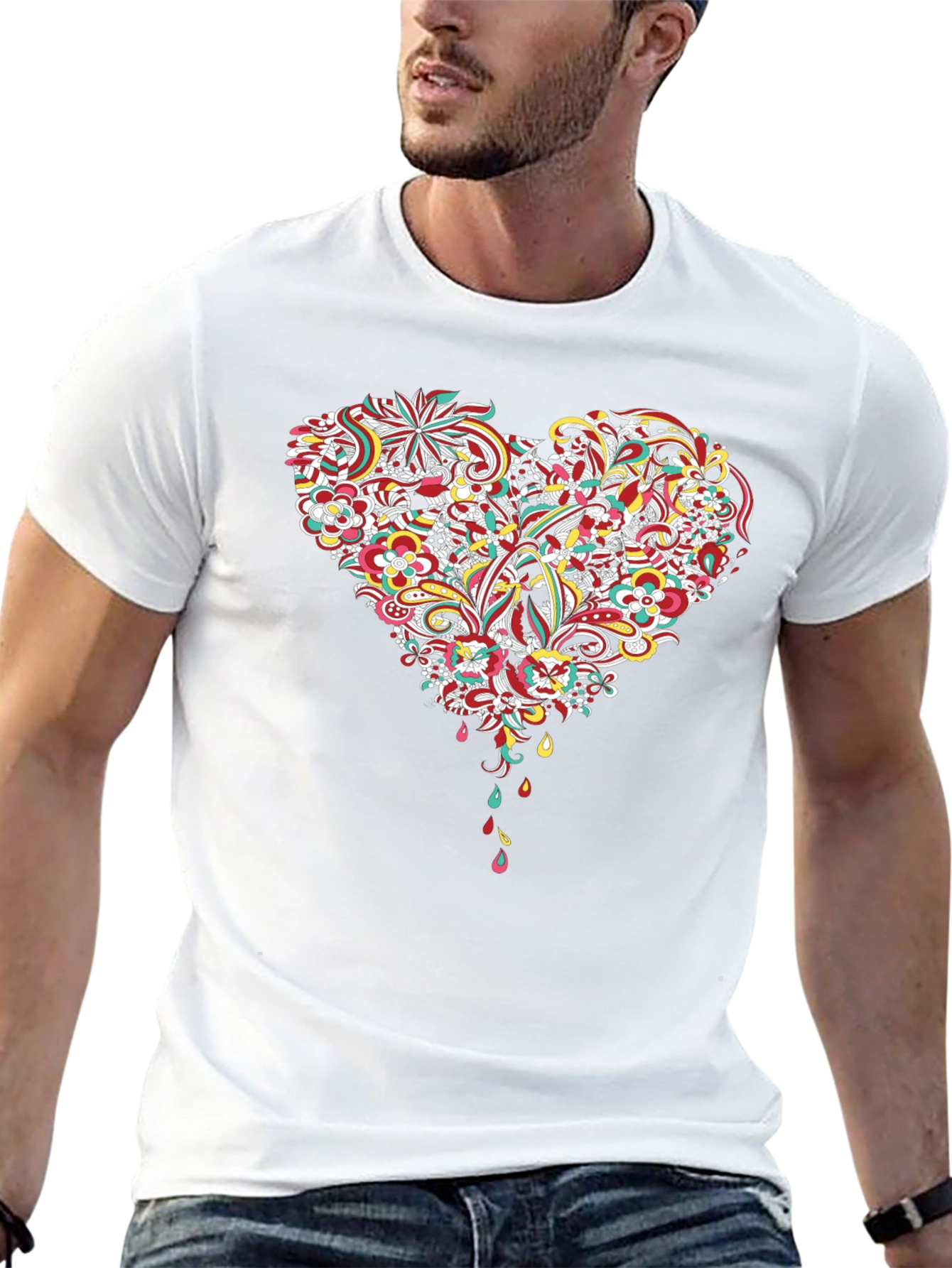 Floral Heart Graphic Tee - Black Cotton T-Shirt