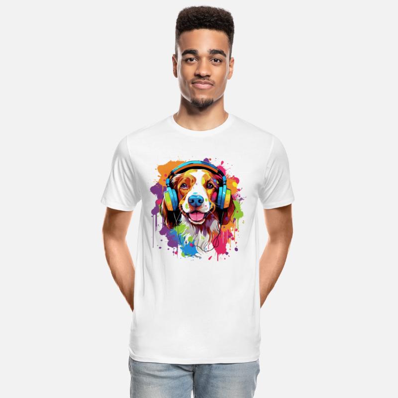Colorful Brittany dog with headphones