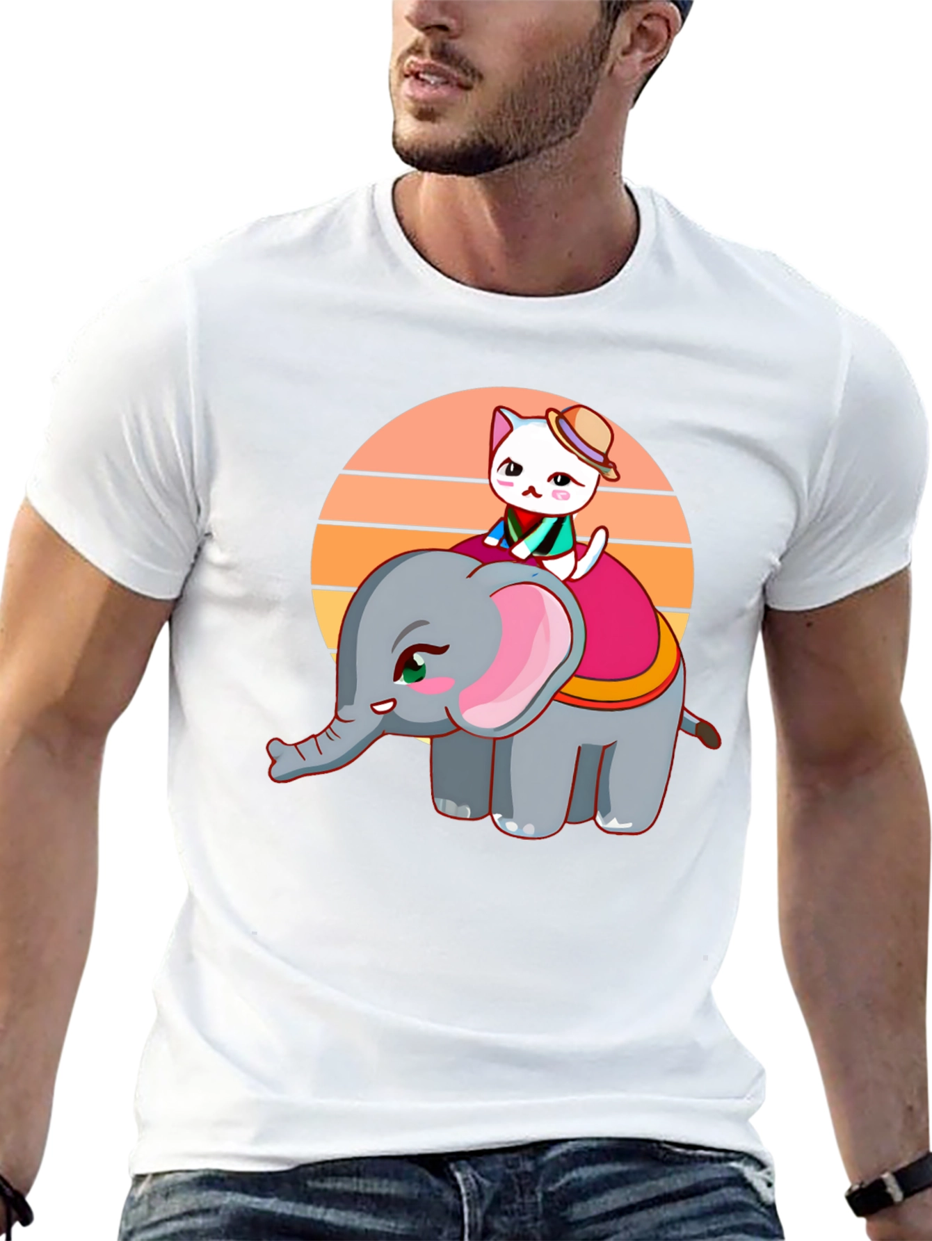 Cute Cartoon Elephant and Cat Graphic Tee