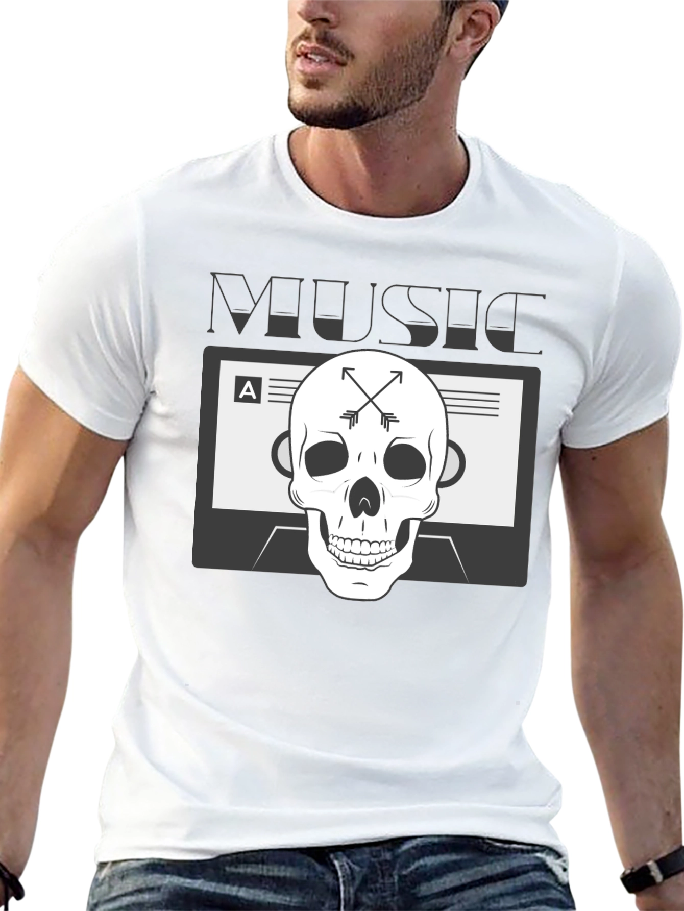Music Skull Graphic Tee - Black Cotton Blend T-Shirt