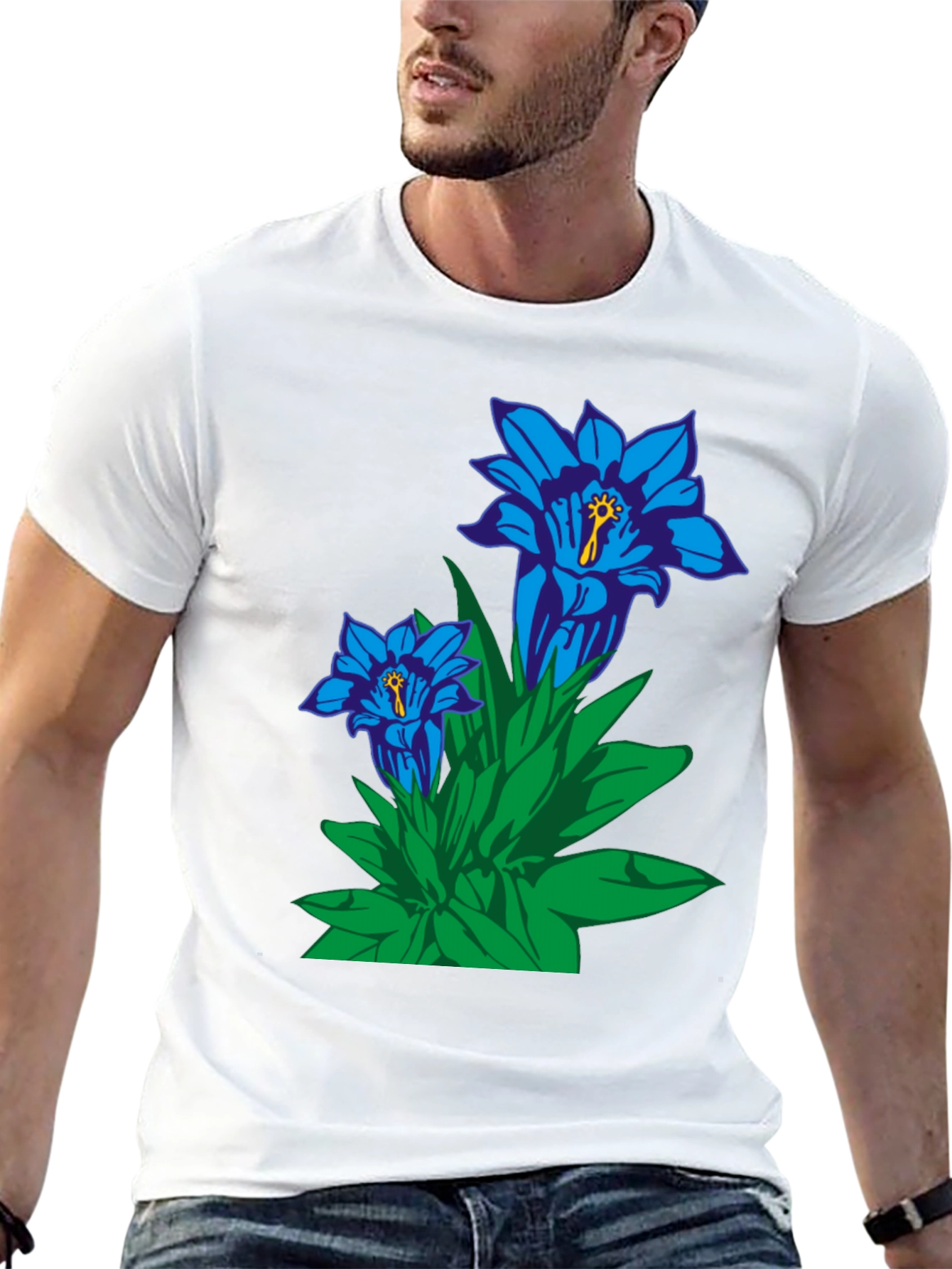 Floral Graphic Tee - Gentian Flowers Black Cotton