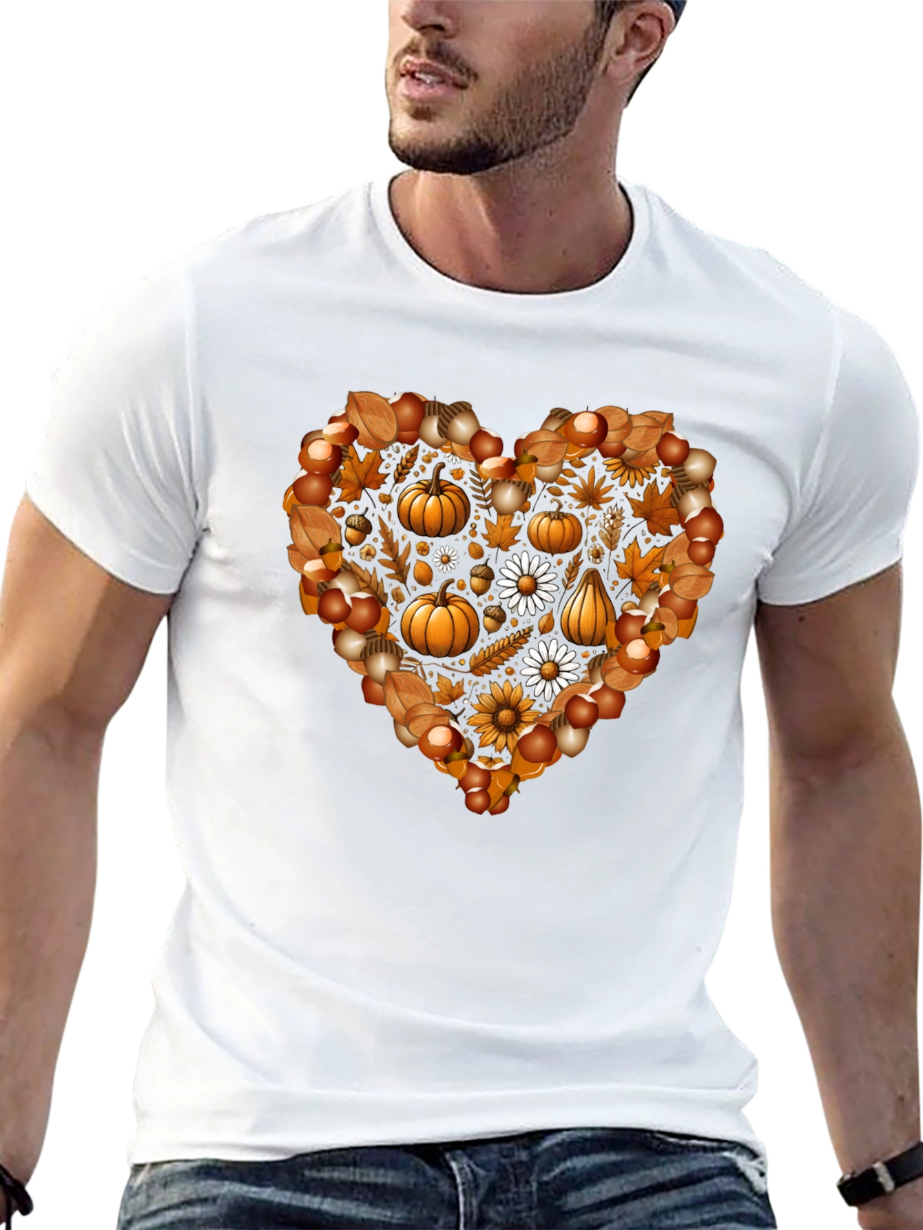 Fall Heart T-Shirt - Pumpkin & Floral Design