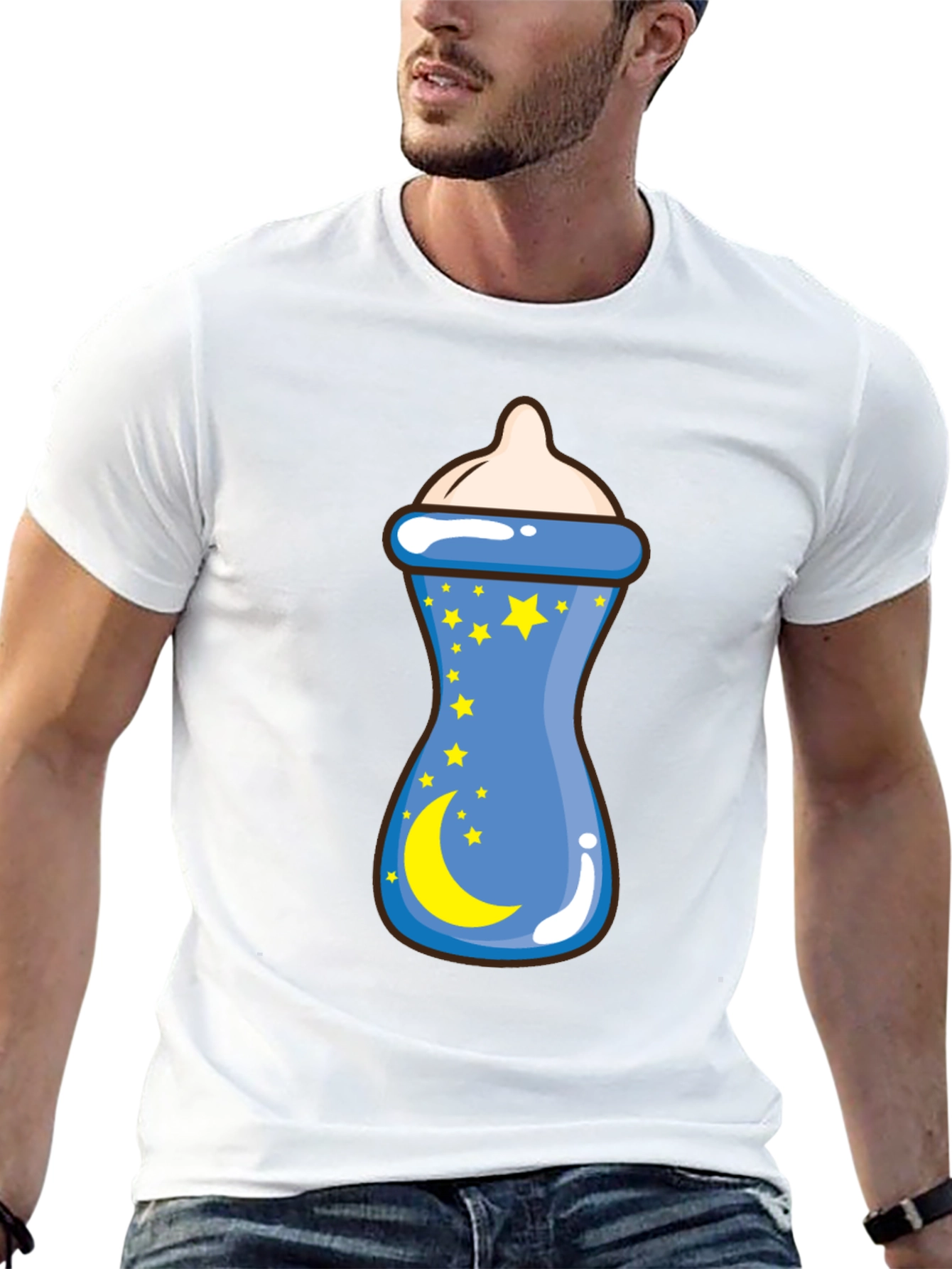 Baby Bottle Moon Stars Graphic Black T-Shirt