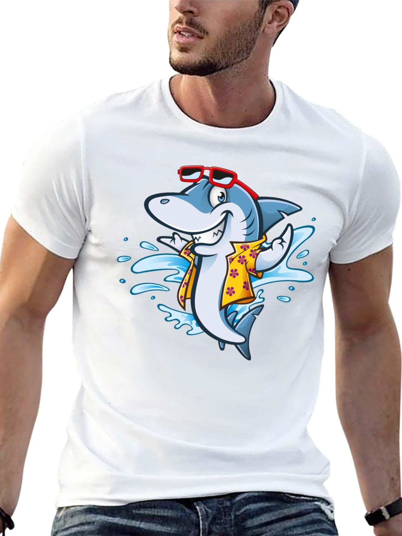 Cool Cartoon Shark Aloha Shirt Black Tee