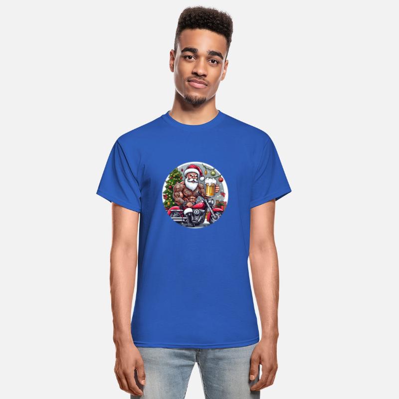 Tatooed Santa on a motorcycle with a beer