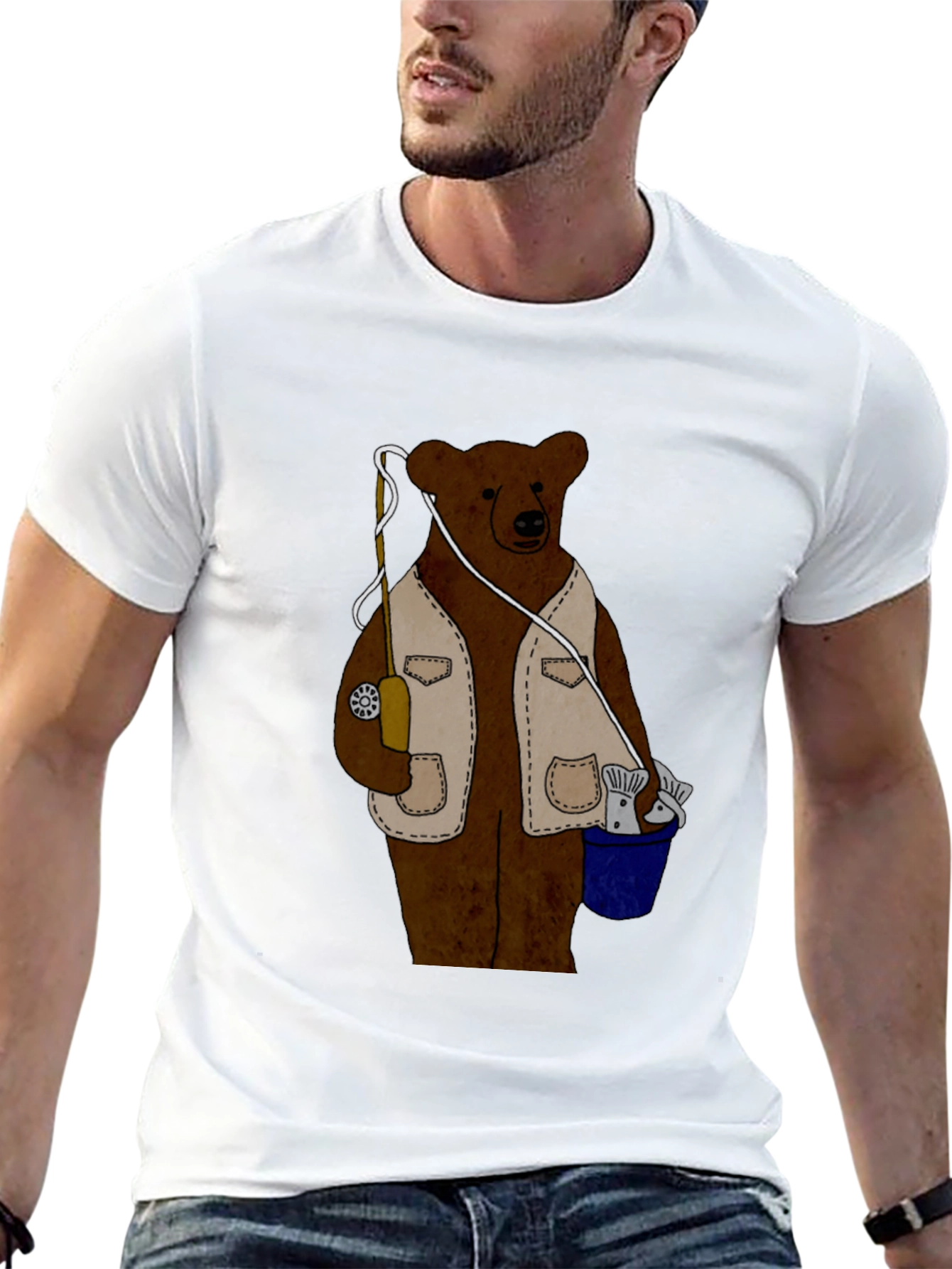 Fishing Bear Graphic T-Shirt - Casual Black Tee