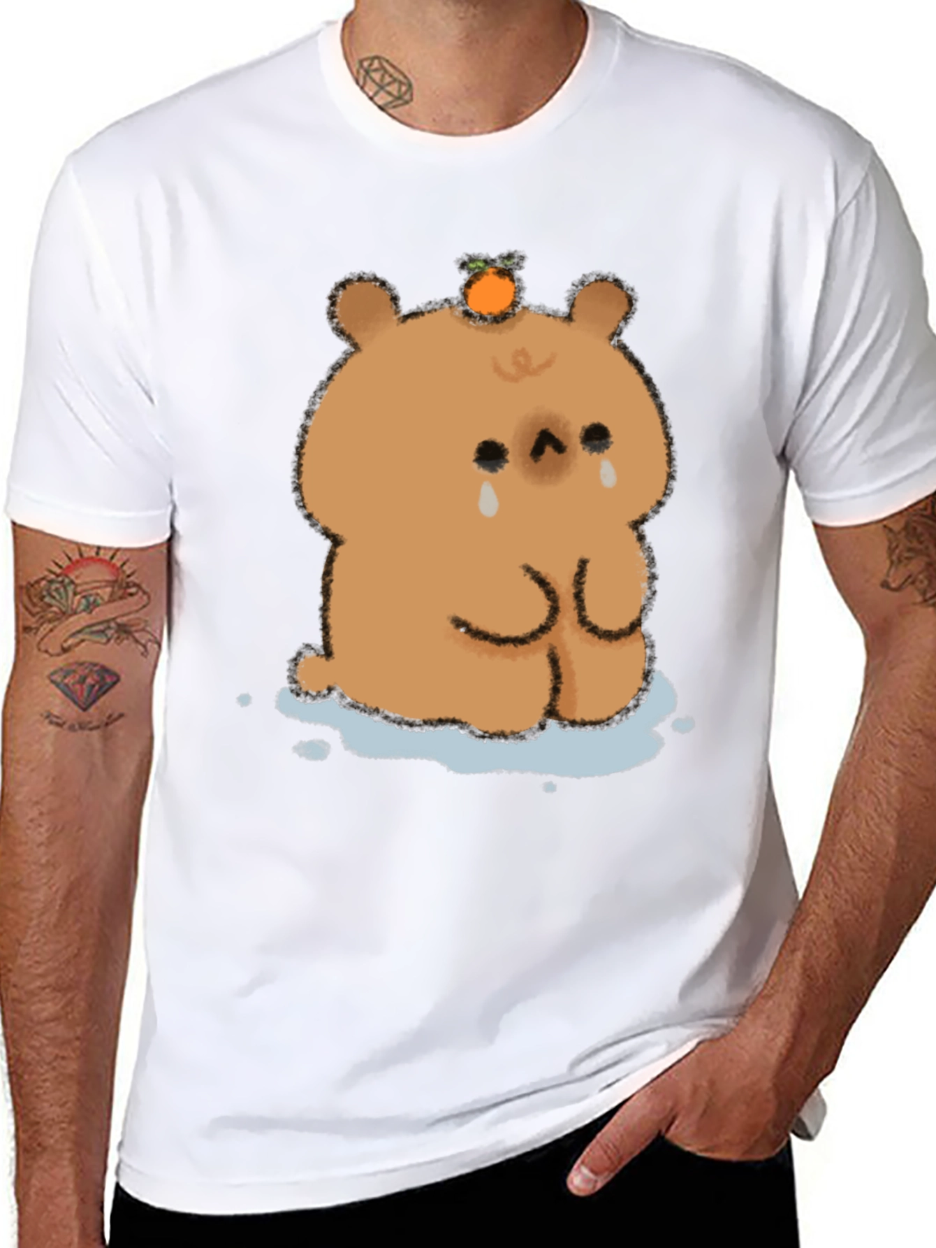 Sad Bear Orange Head Black T-Shirt