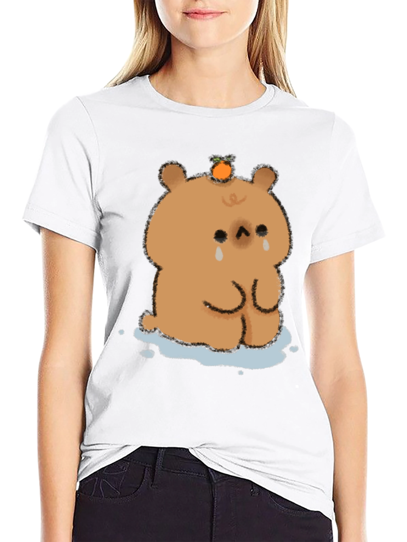 Sad Bear Orange Head Black T-Shirt