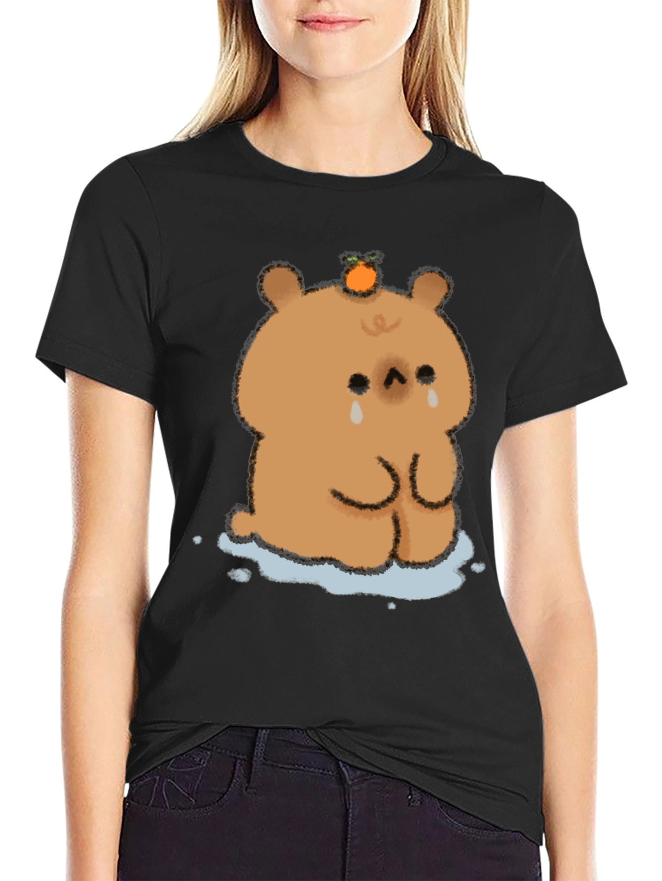 Sad Bear Orange Head Black T-Shirt