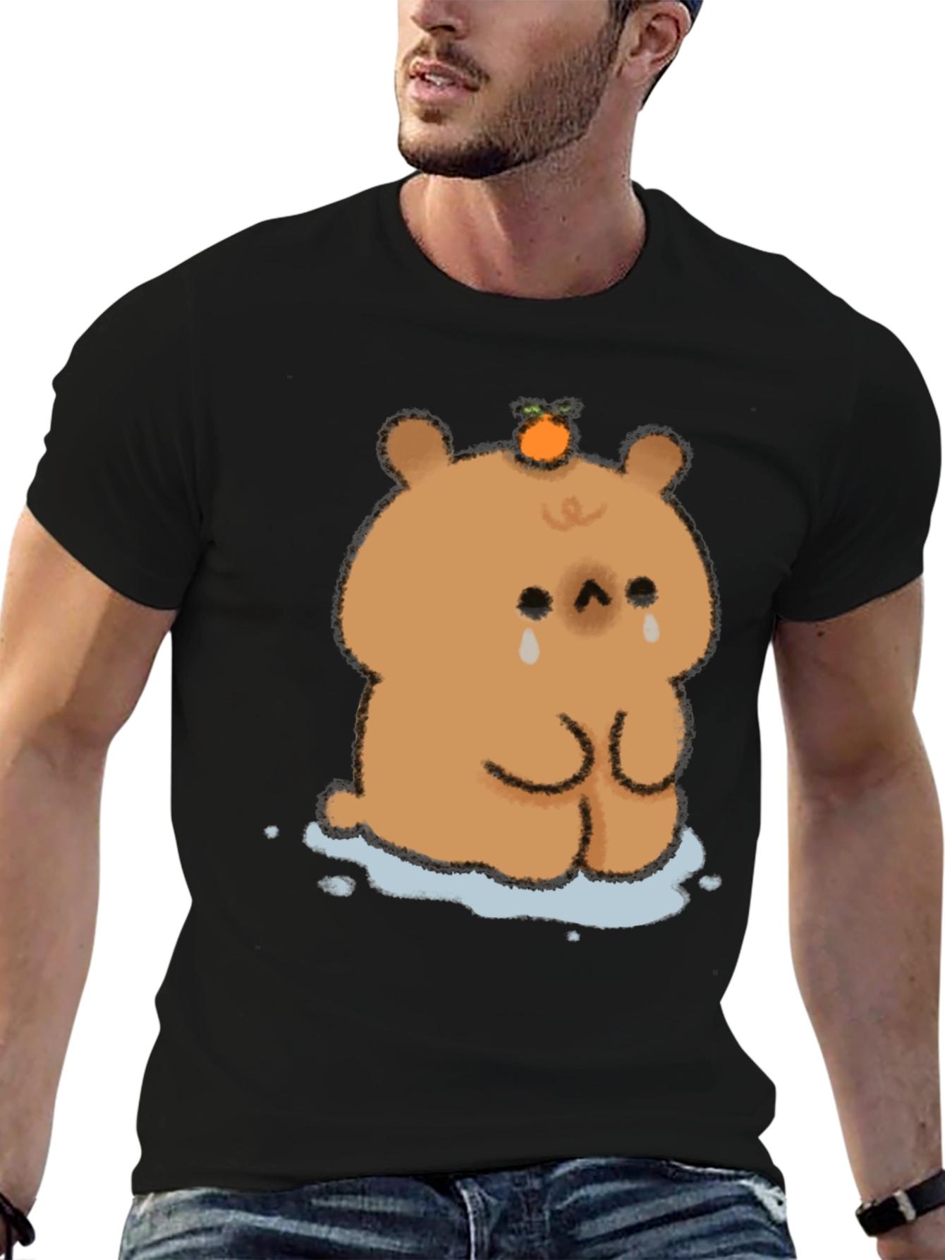Sad Bear Orange Head Black T-Shirt