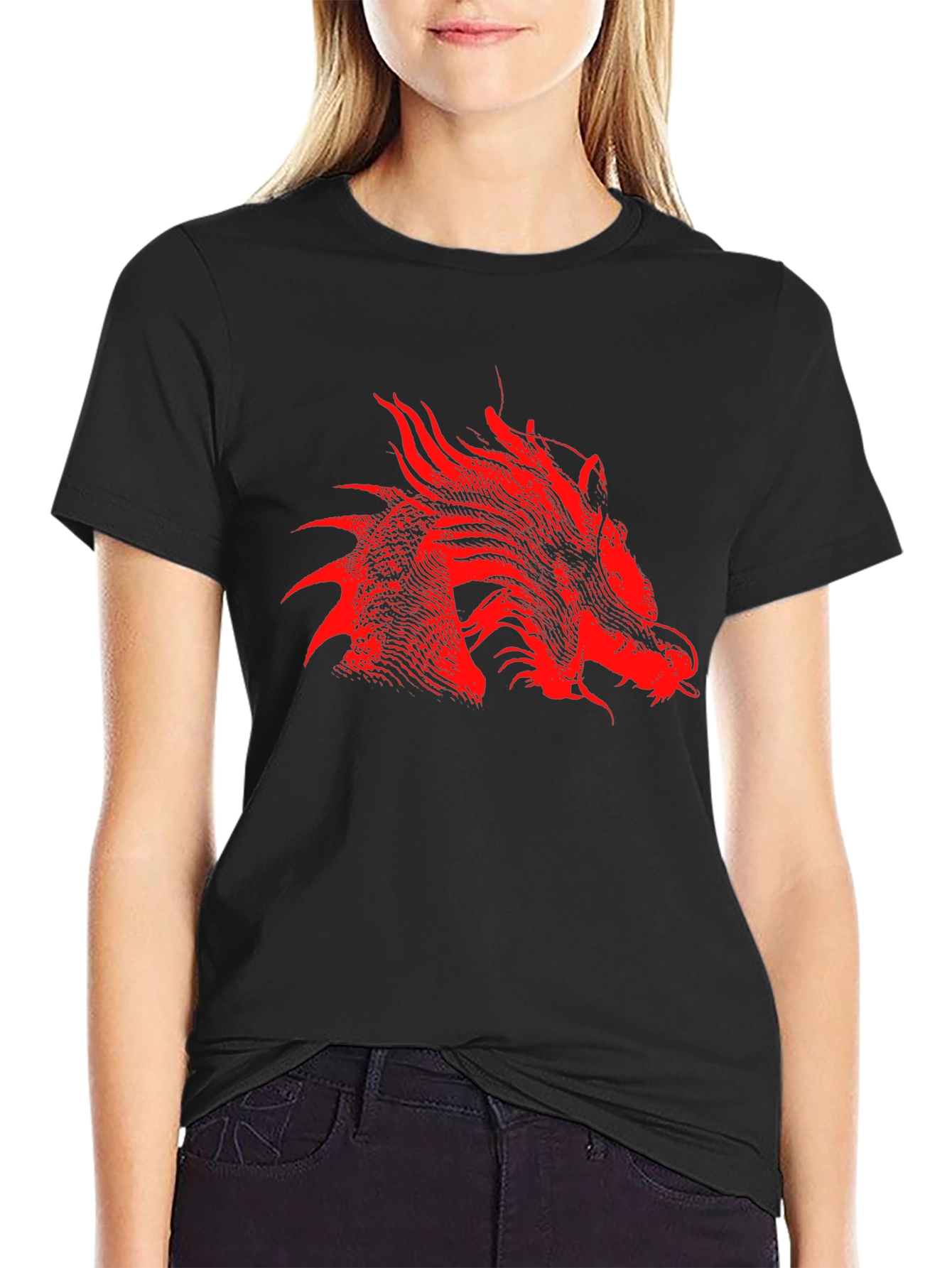 Red Dragon Print Black T-Shirt