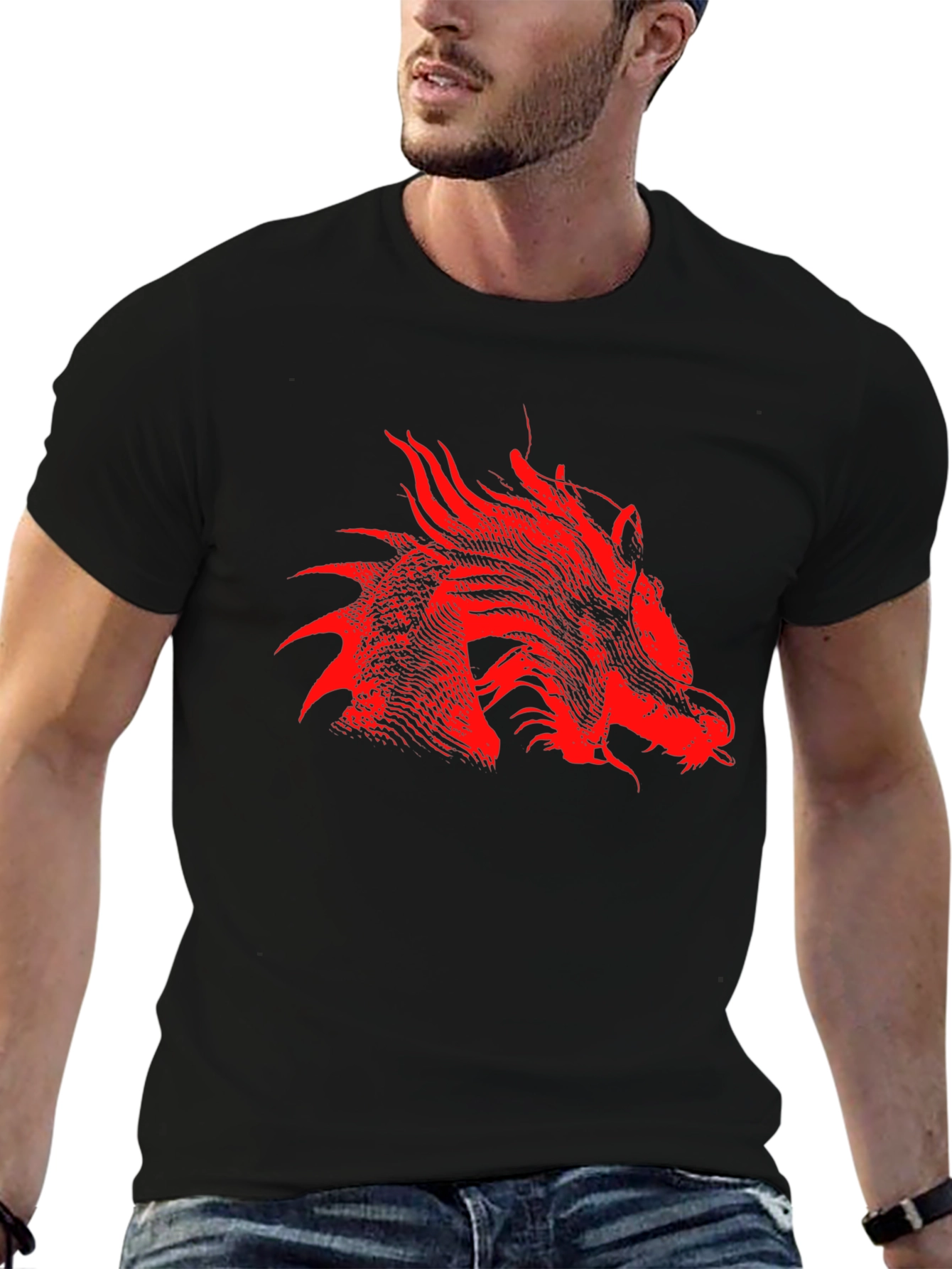 Red Dragon Print Black T-Shirt