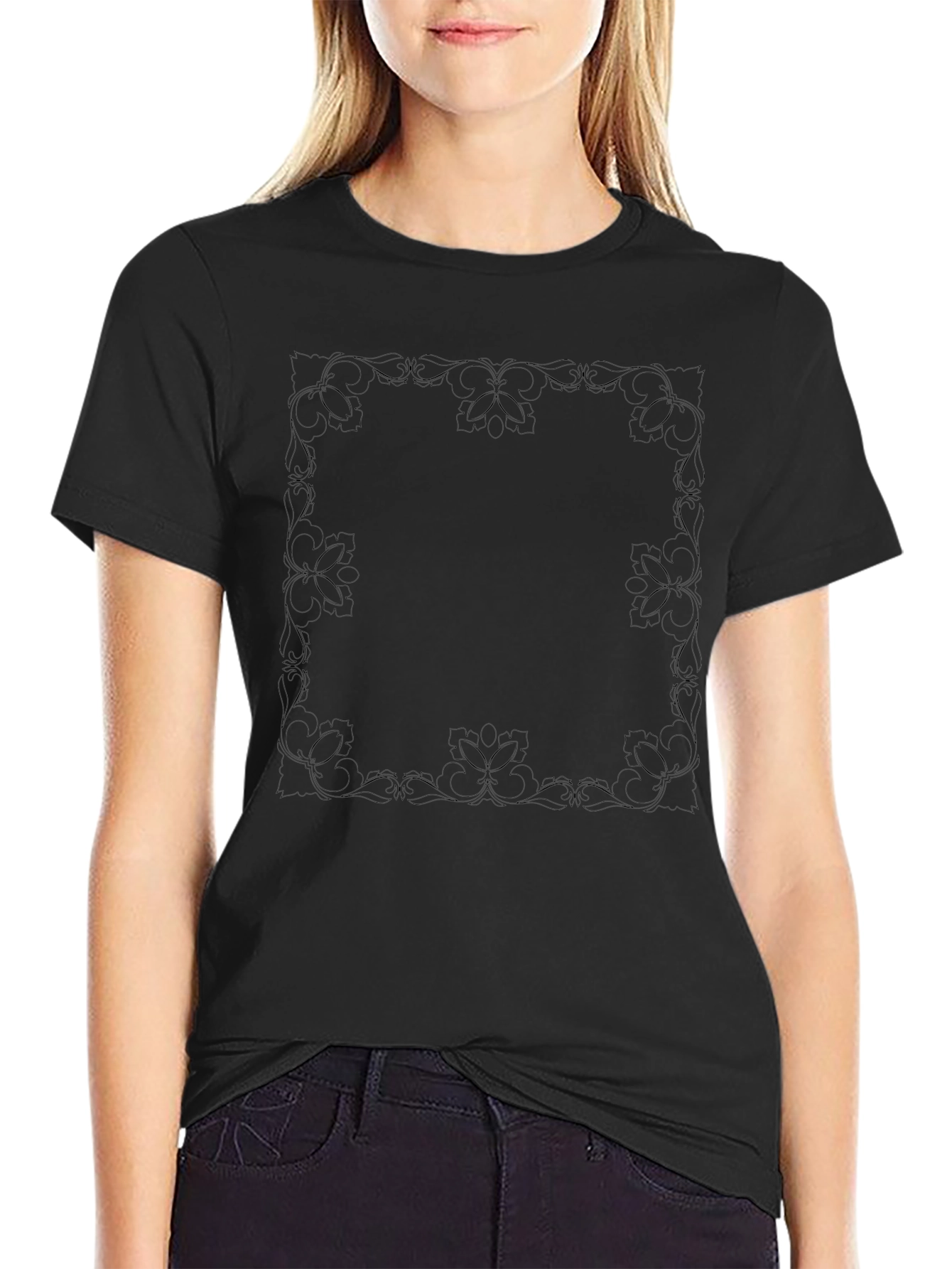 Elegant Floral Border Black T-Shirt