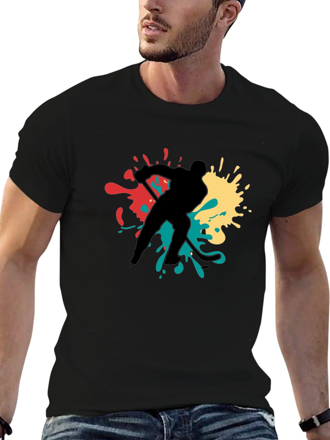 Hockey Player Splash Graphic Tee - Black