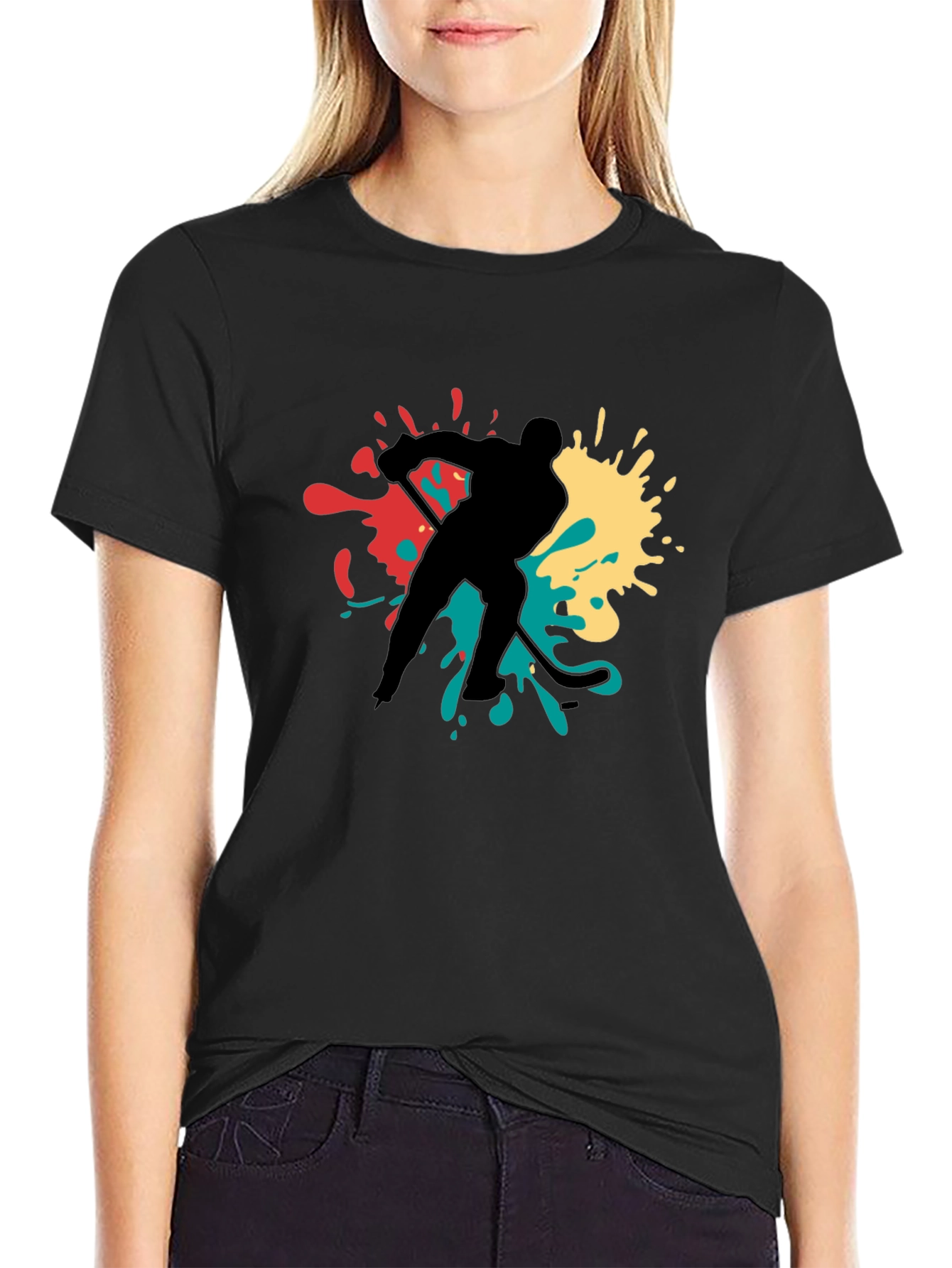 Hockey Player Splash Graphic Tee - Black