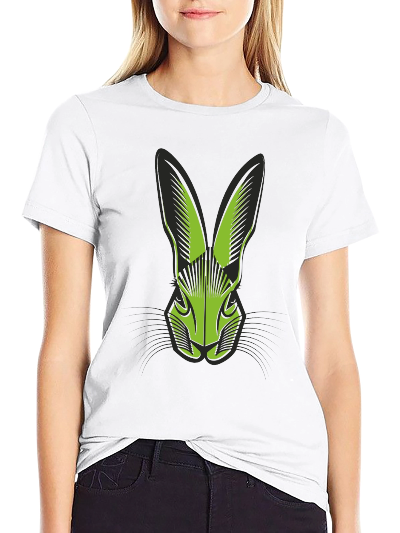 Black T-Shirt with Green Rabbit Head Graphic