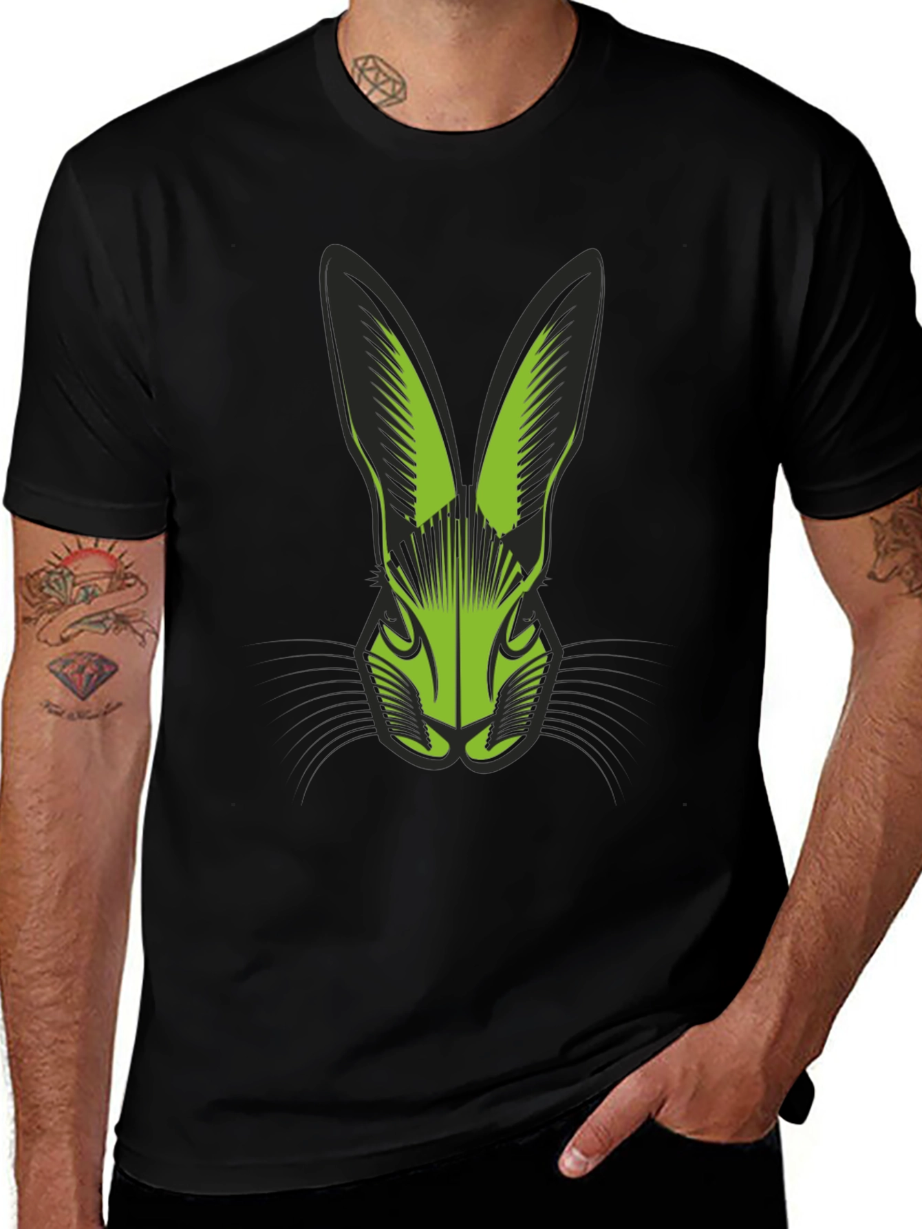 Black T-Shirt with Green Rabbit Head Graphic