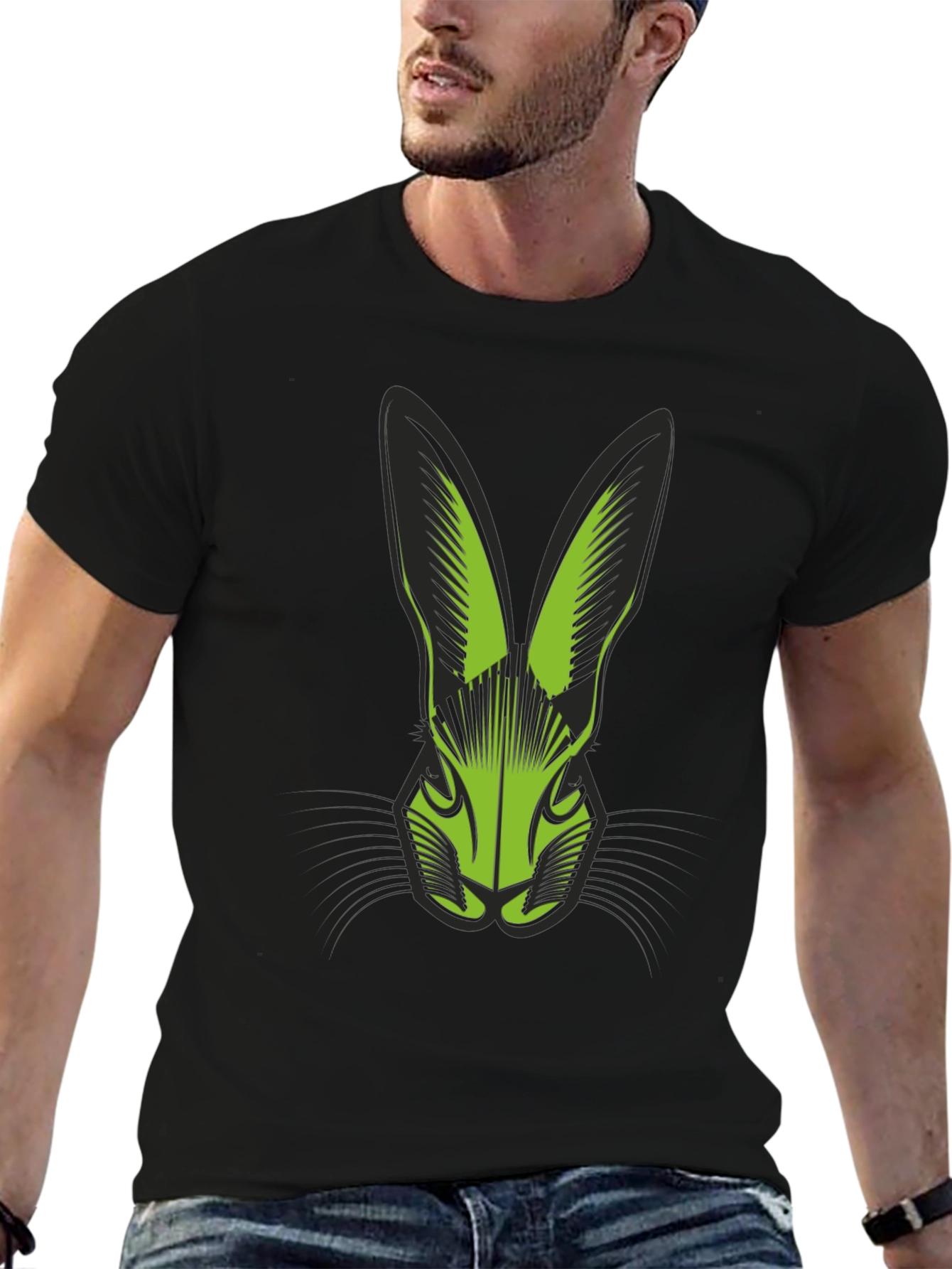 Black T-Shirt with Green Rabbit Head Graphic