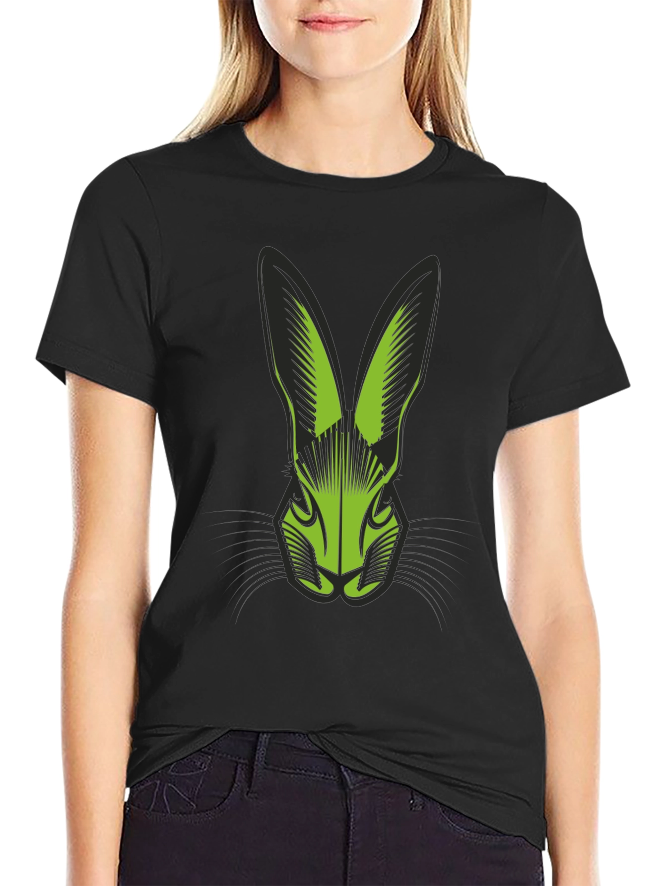 Black T-Shirt with Green Rabbit Head Graphic