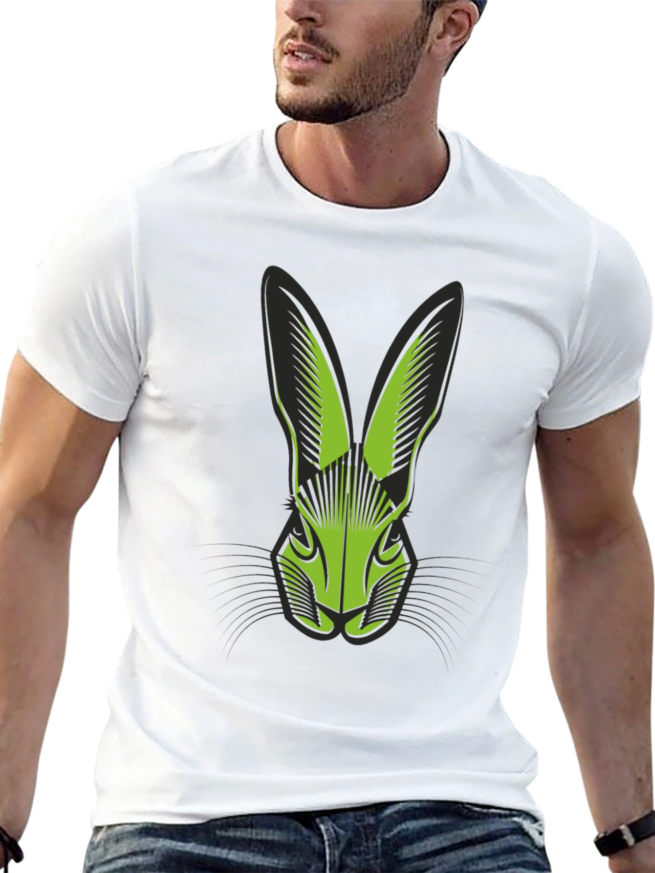Black T-Shirt with Green Rabbit Head Graphic