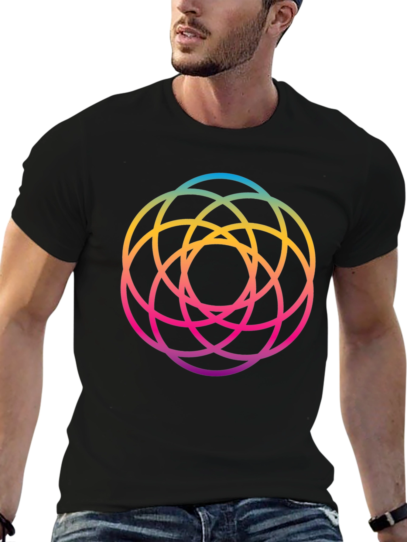 Geometric Circle Rainbow Gradient Mens Black T-Shirt