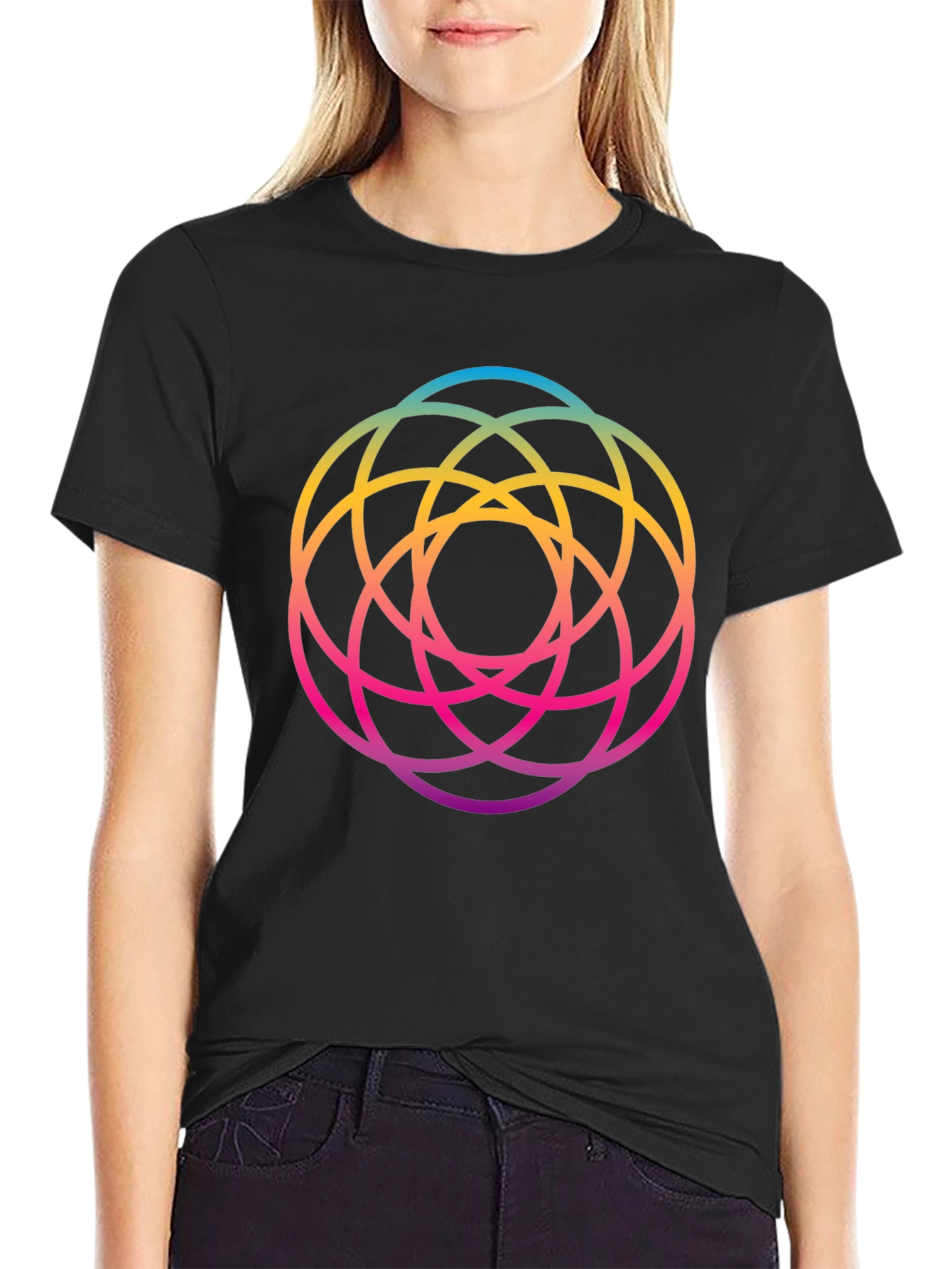 Geometric Circle Rainbow Gradient Mens Black T-Shirt