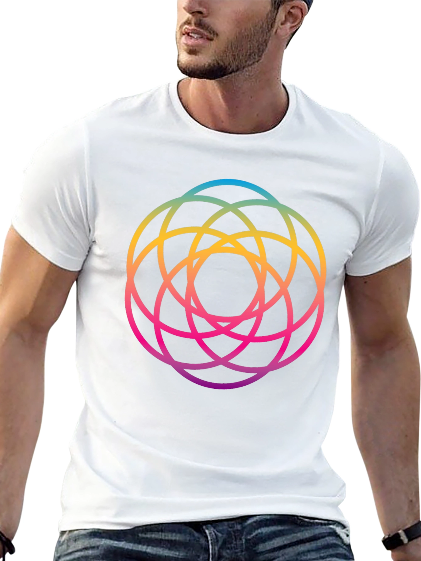 Geometric Circle Rainbow Gradient Mens Black T-Shirt