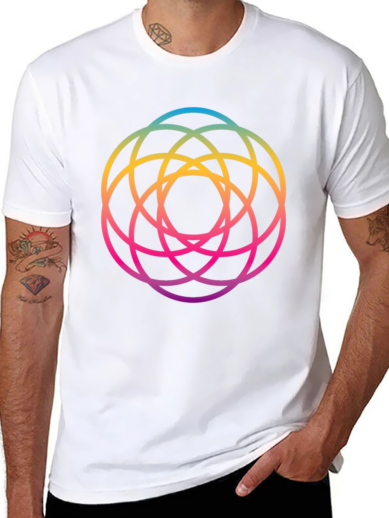 Geometric Circle Rainbow Gradient Mens Black T-Shirt