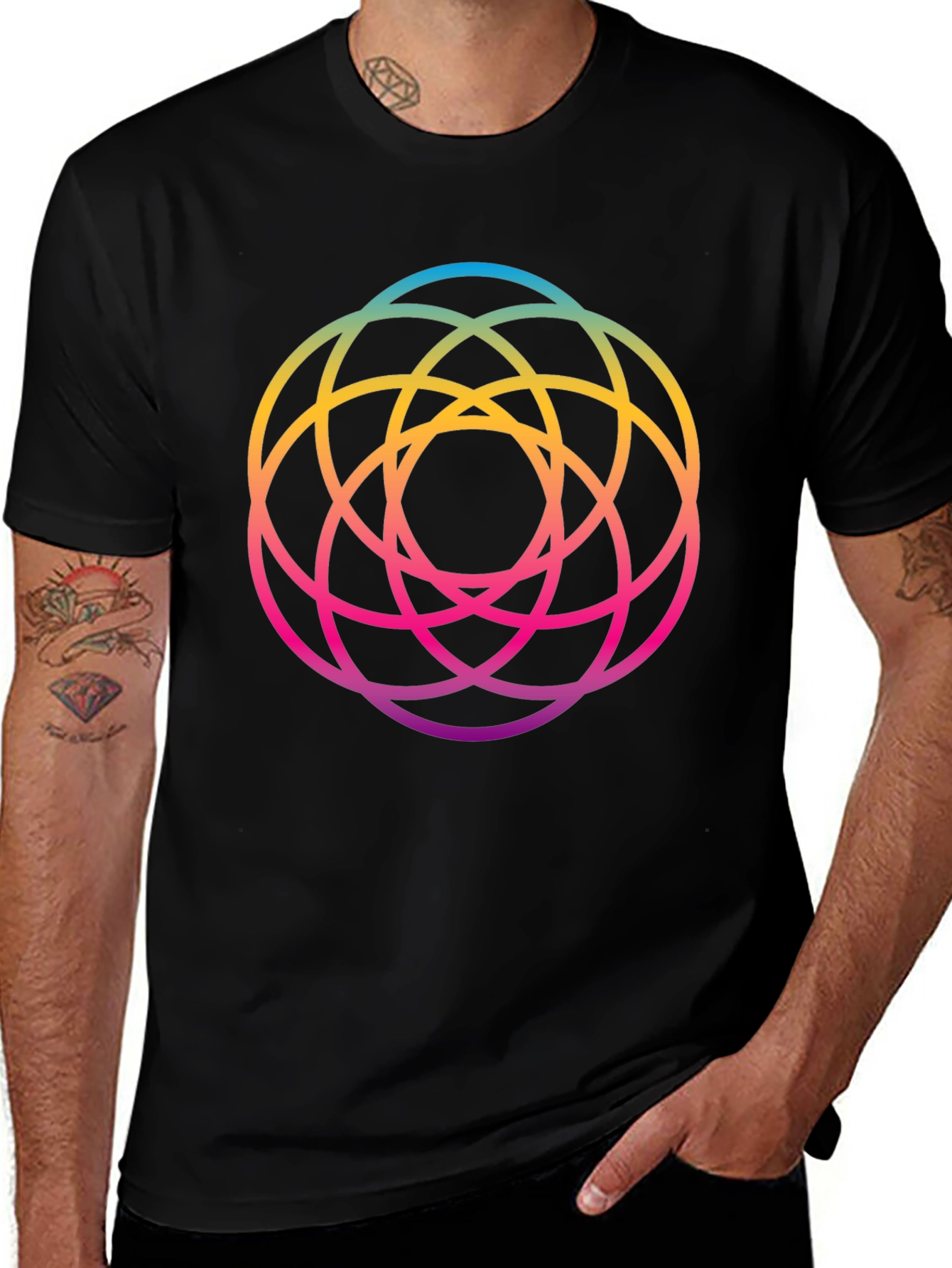 Geometric Circle Rainbow Gradient Mens Black T-Shirt