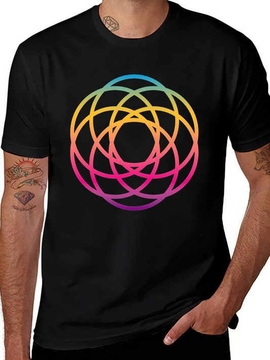 Geometric Circle Rainbow Gradient Mens Black T-Shirt