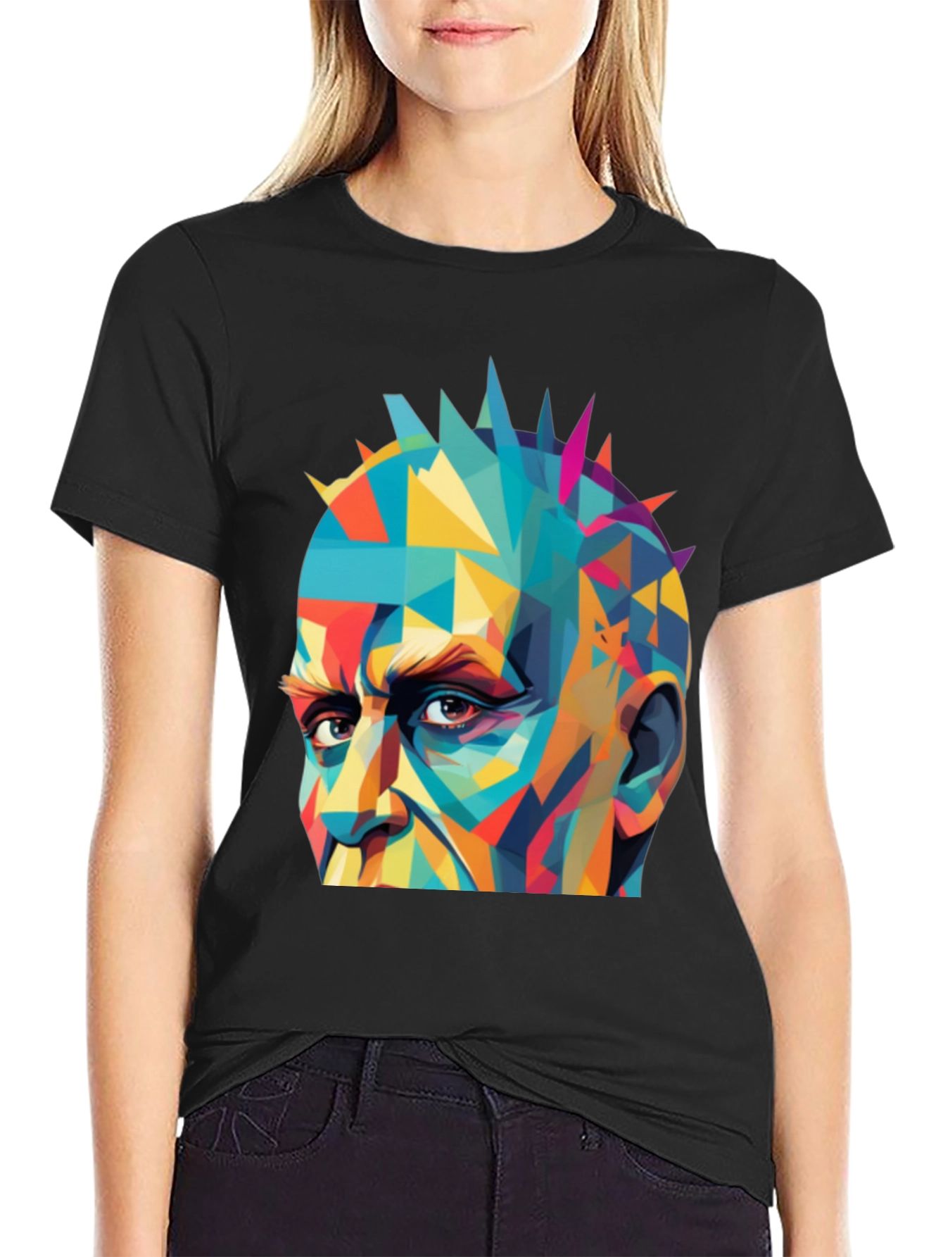 Abstract Geometric Face Graphic Black T-Shirt