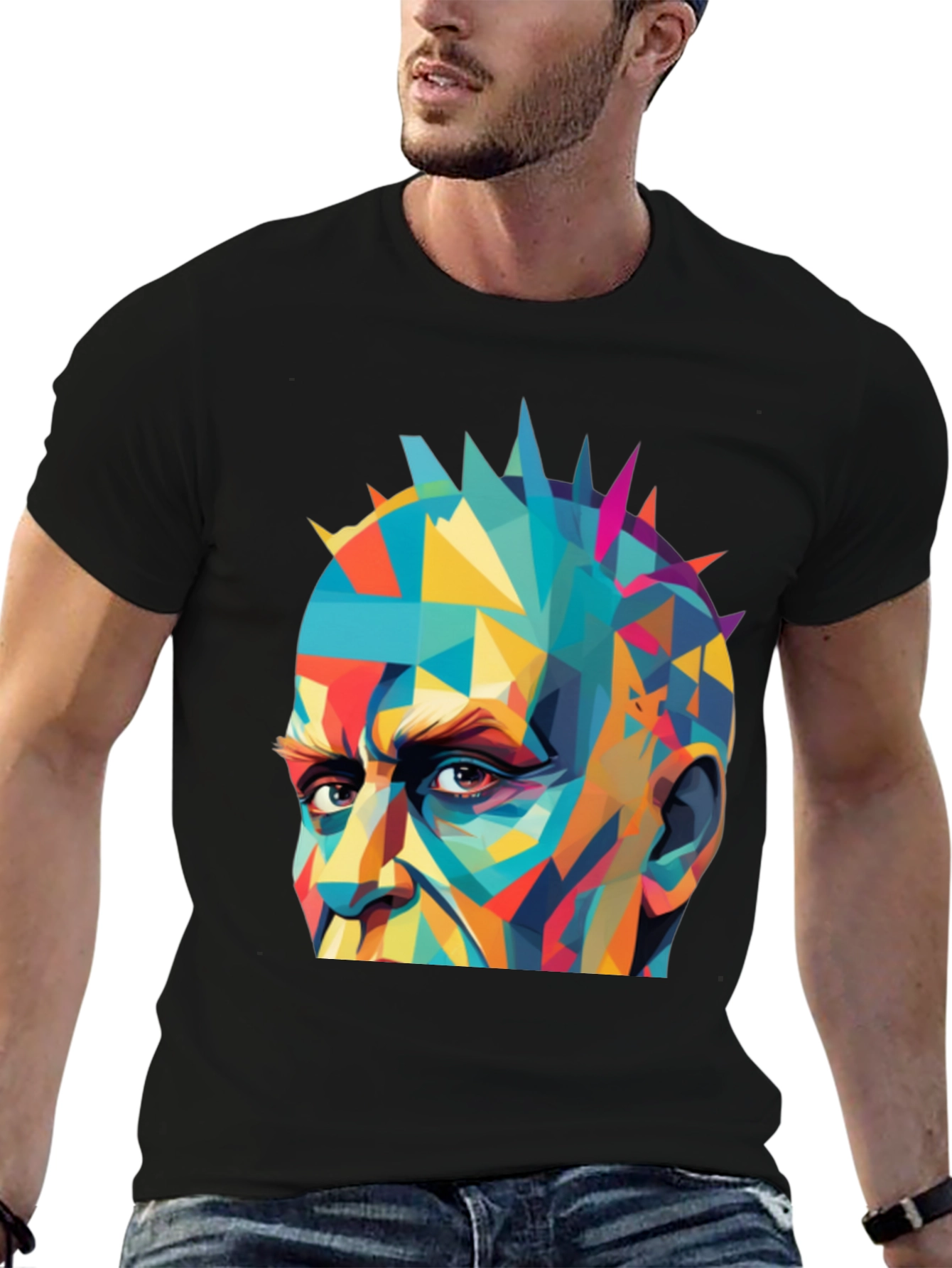 Abstract Geometric Face Graphic Black T-Shirt