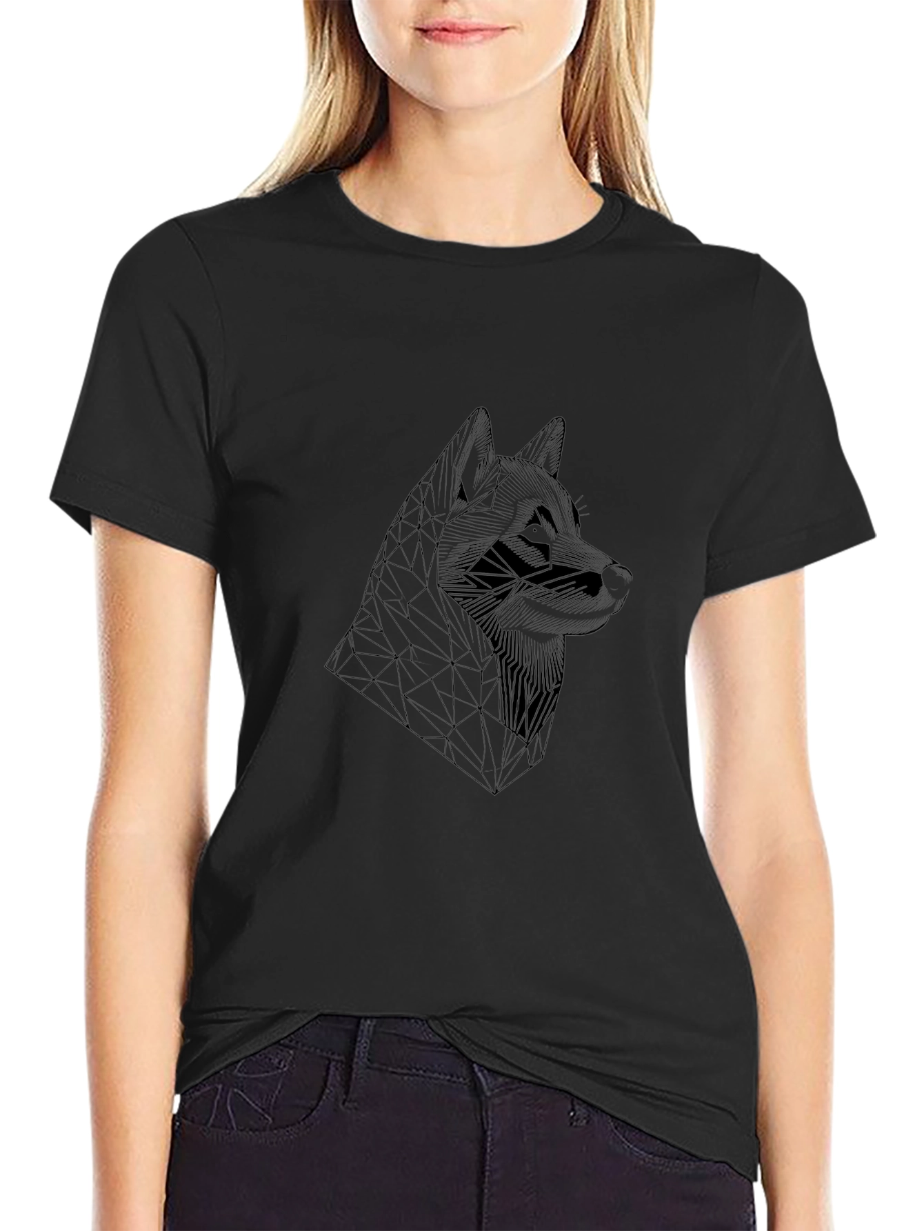 Geometric Wolf Head Black T-Shirt