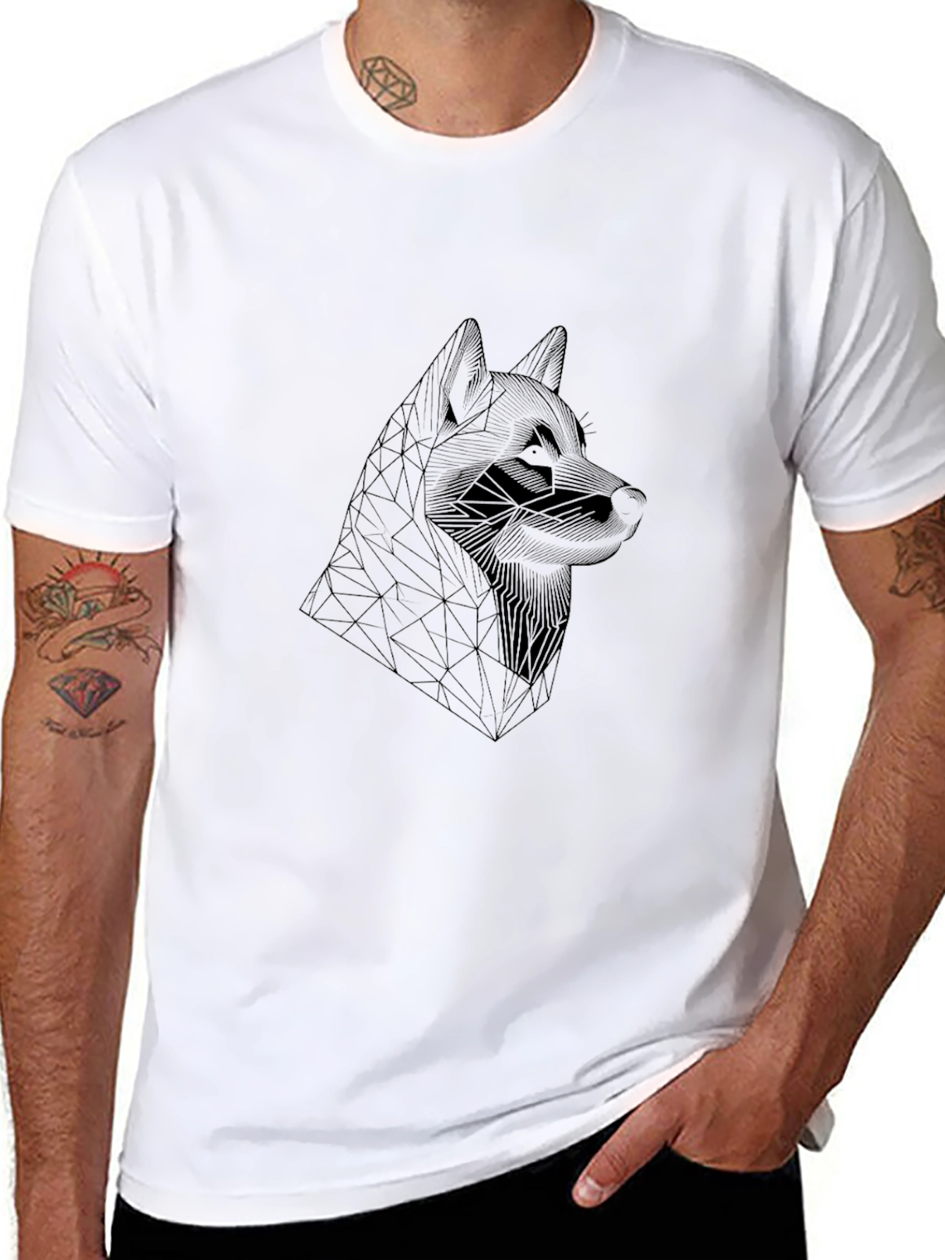 Geometric Wolf Head Black T-Shirt
