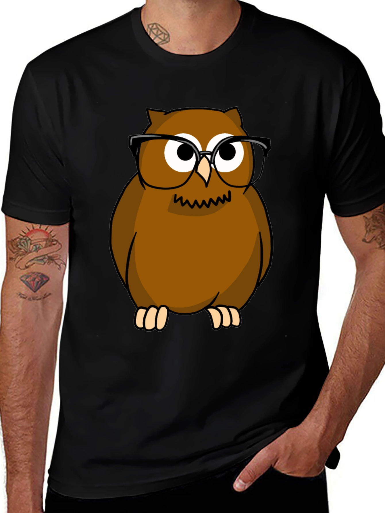 Owl with Glasses Graphic Tee - Black Cotton Shirt
