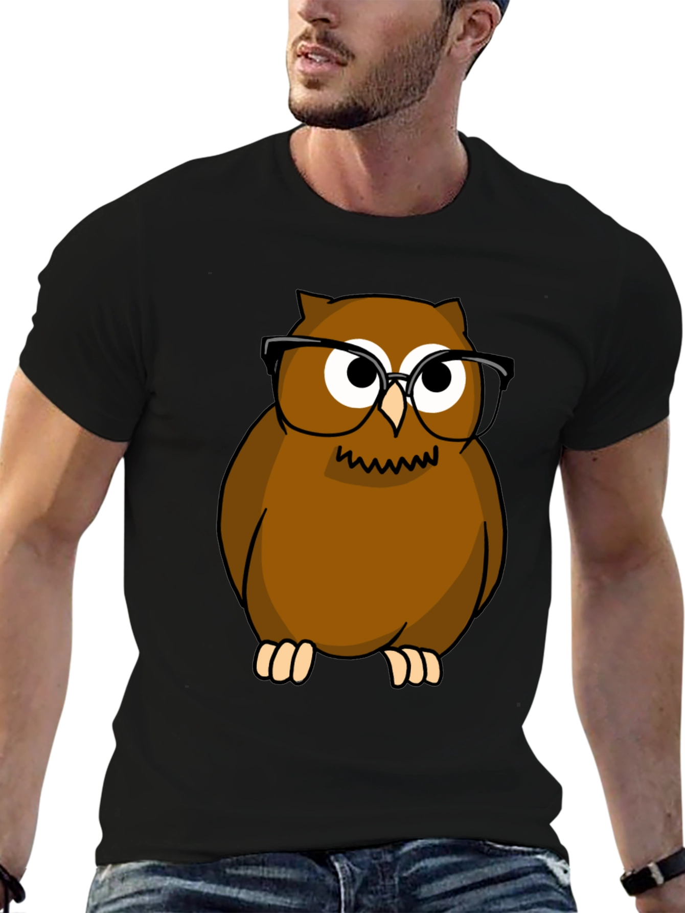 Owl with Glasses Graphic Tee - Black Cotton Shirt