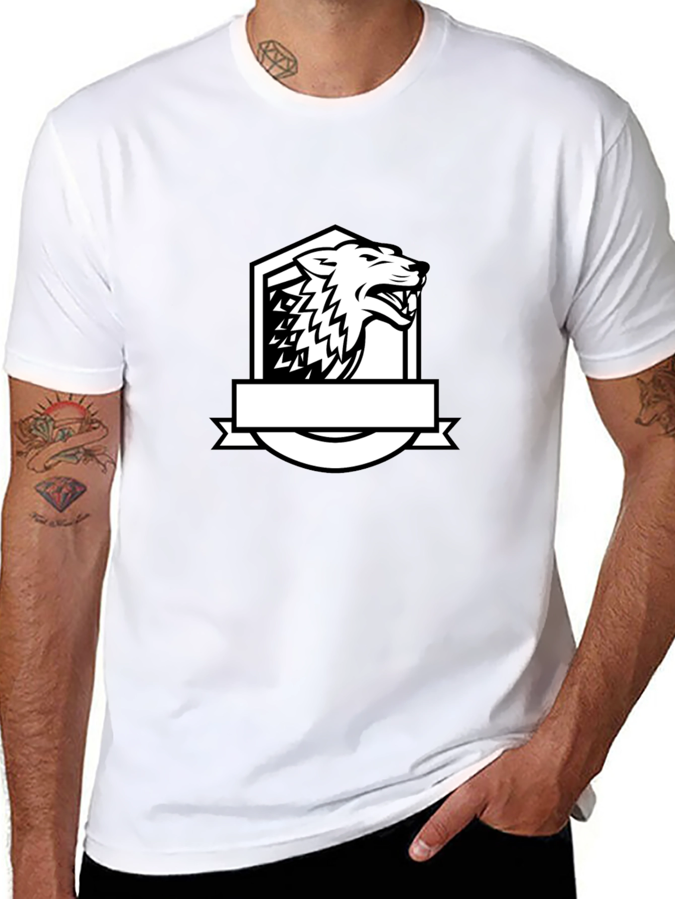 Black T-Shirt with Bold Wolf Crest Design