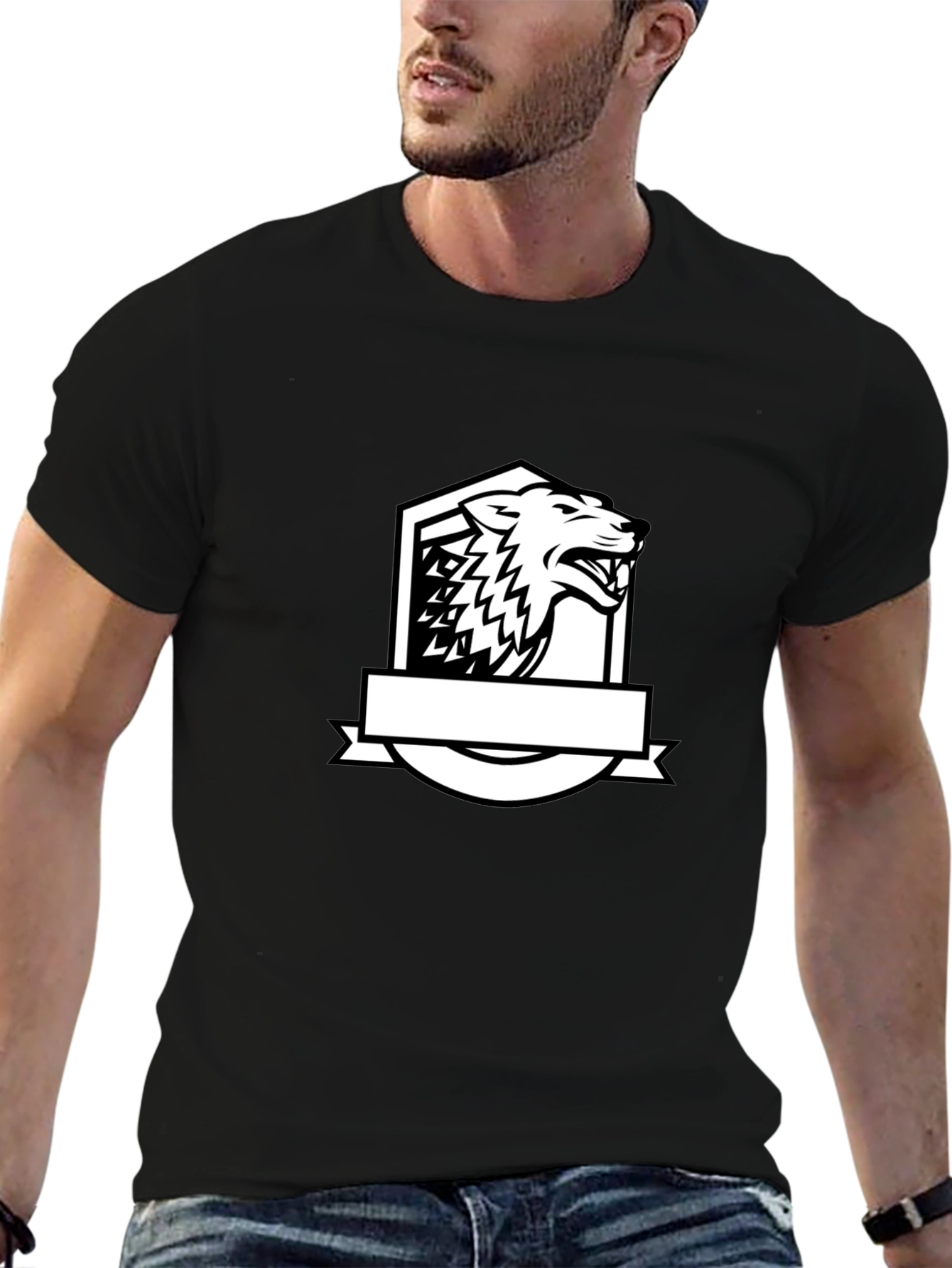 Black T-Shirt with Bold Wolf Crest Design