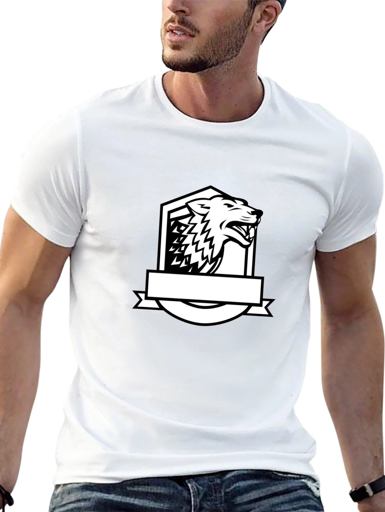Black T-Shirt with Bold Wolf Crest Design