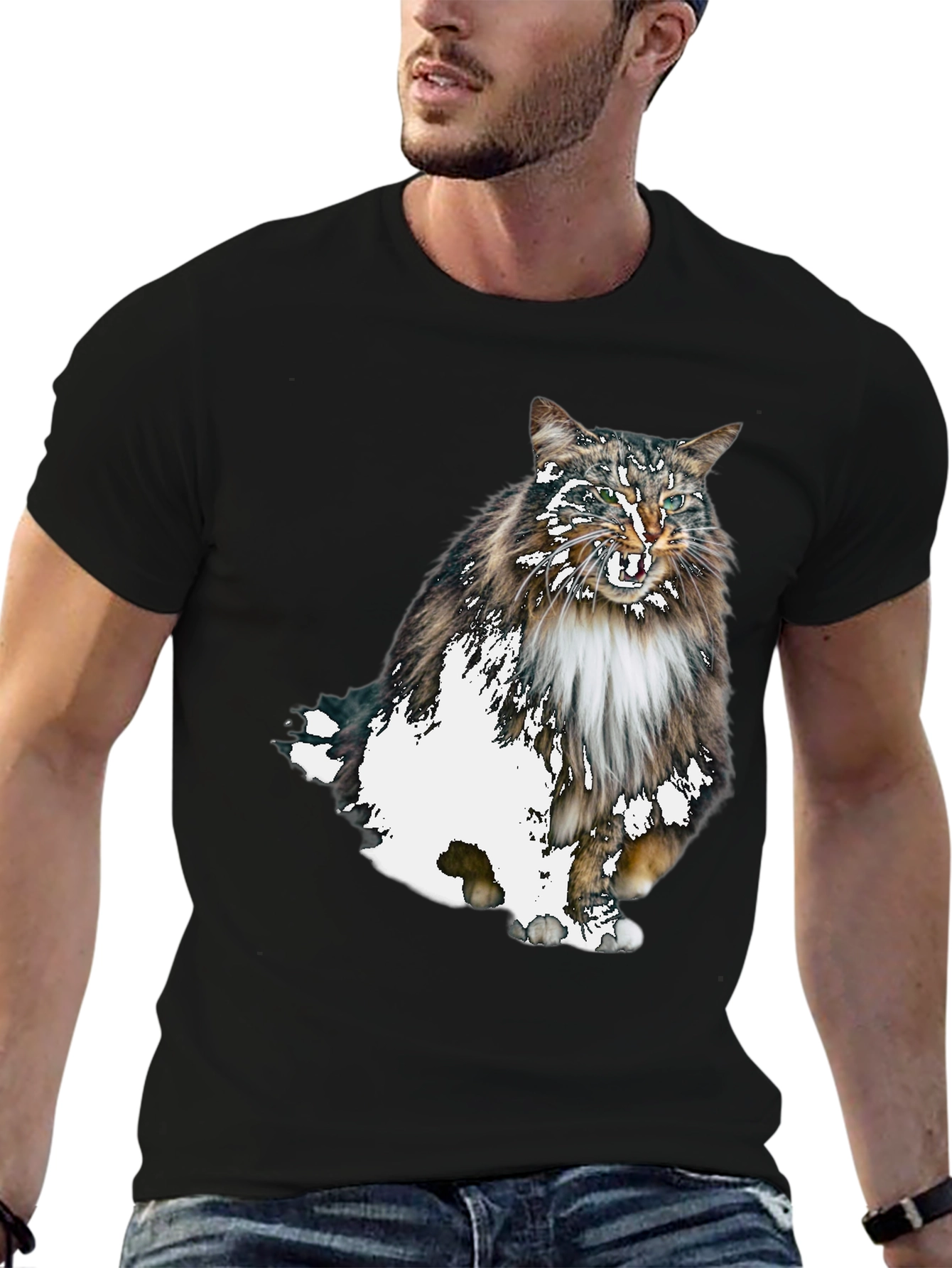 Cat Print Black T-Shirt - Unique Graphic Tee