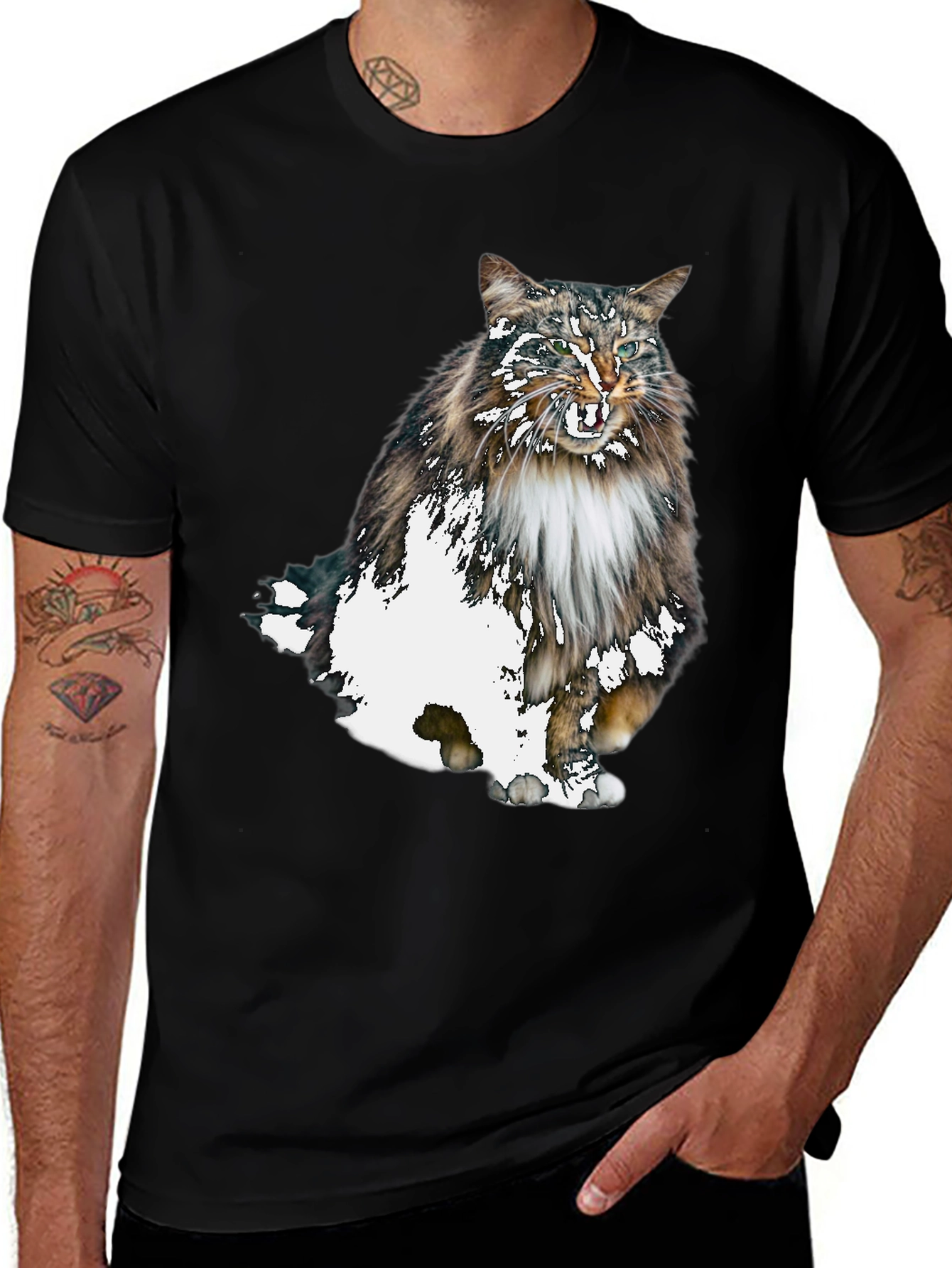 Cat Print Black T-Shirt - Unique Graphic Tee