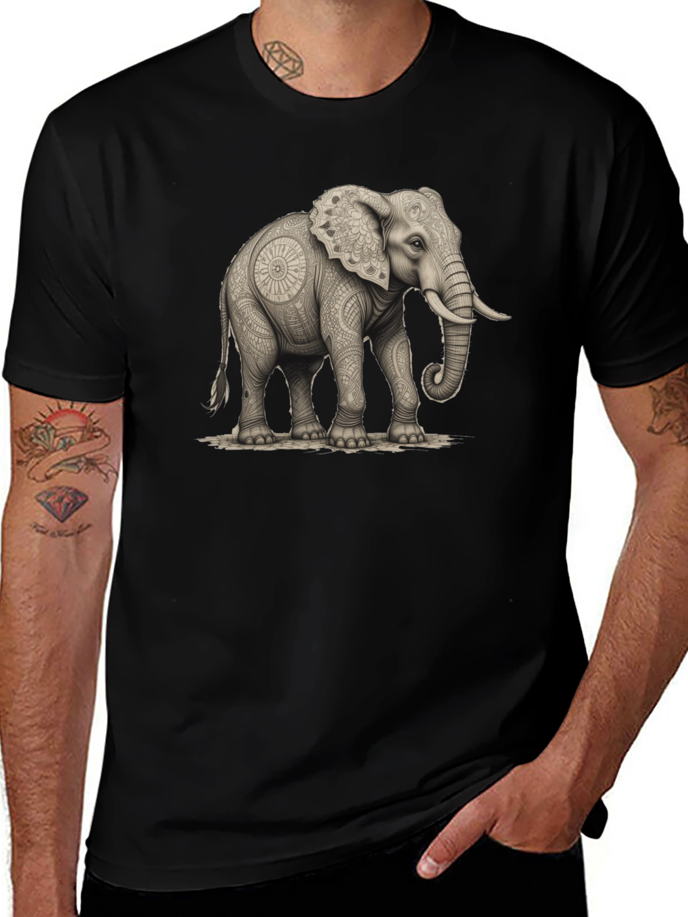 Elephant Mandala Art Graphic Tee - Black Unisex Shirt
